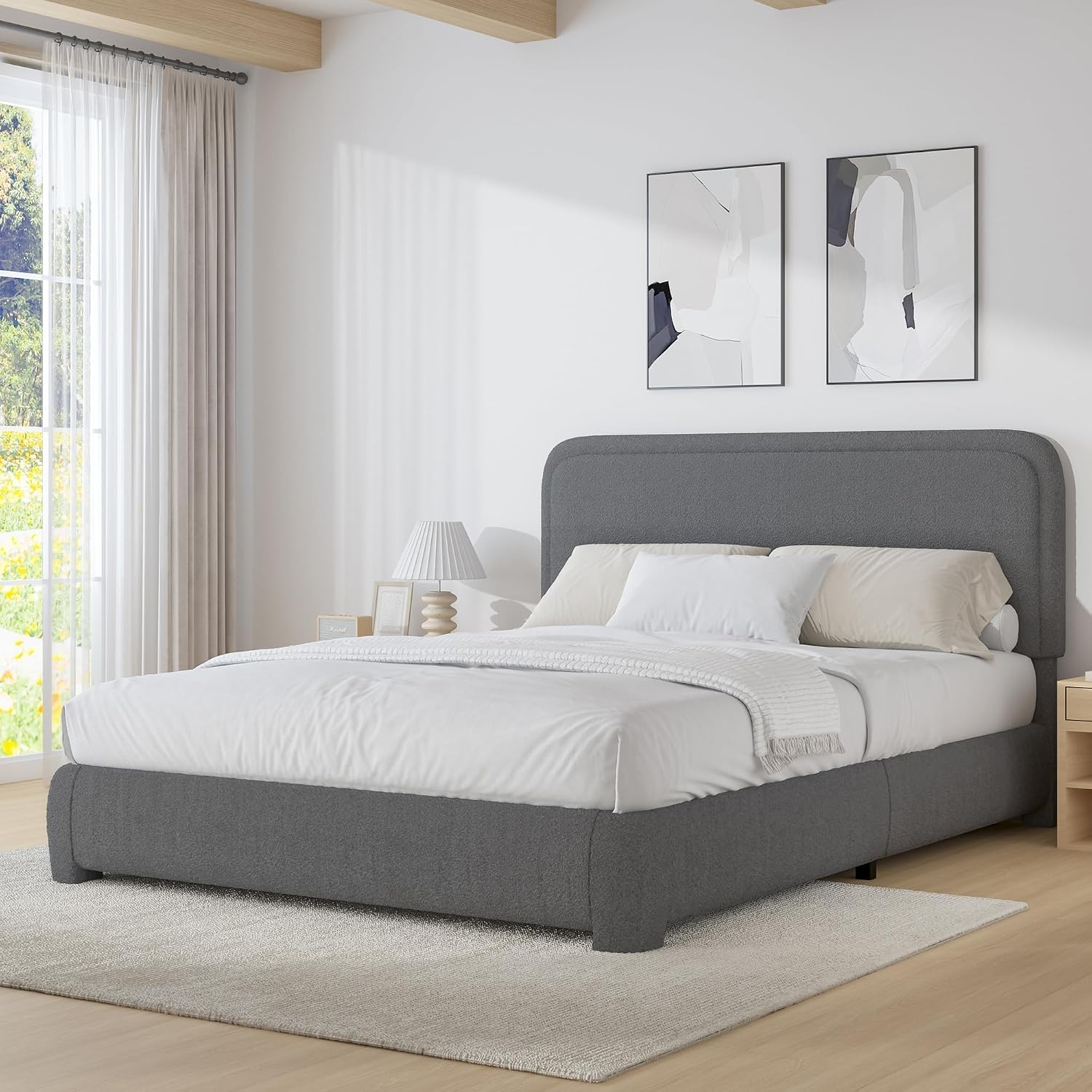 BarnFurin Full Bed Frame, Cloud Boucle Headboard, Rounded Corners, White | Soft boucle and rounded edges create a low-profile cloud look. Wooden slats support the mattress without a box spring