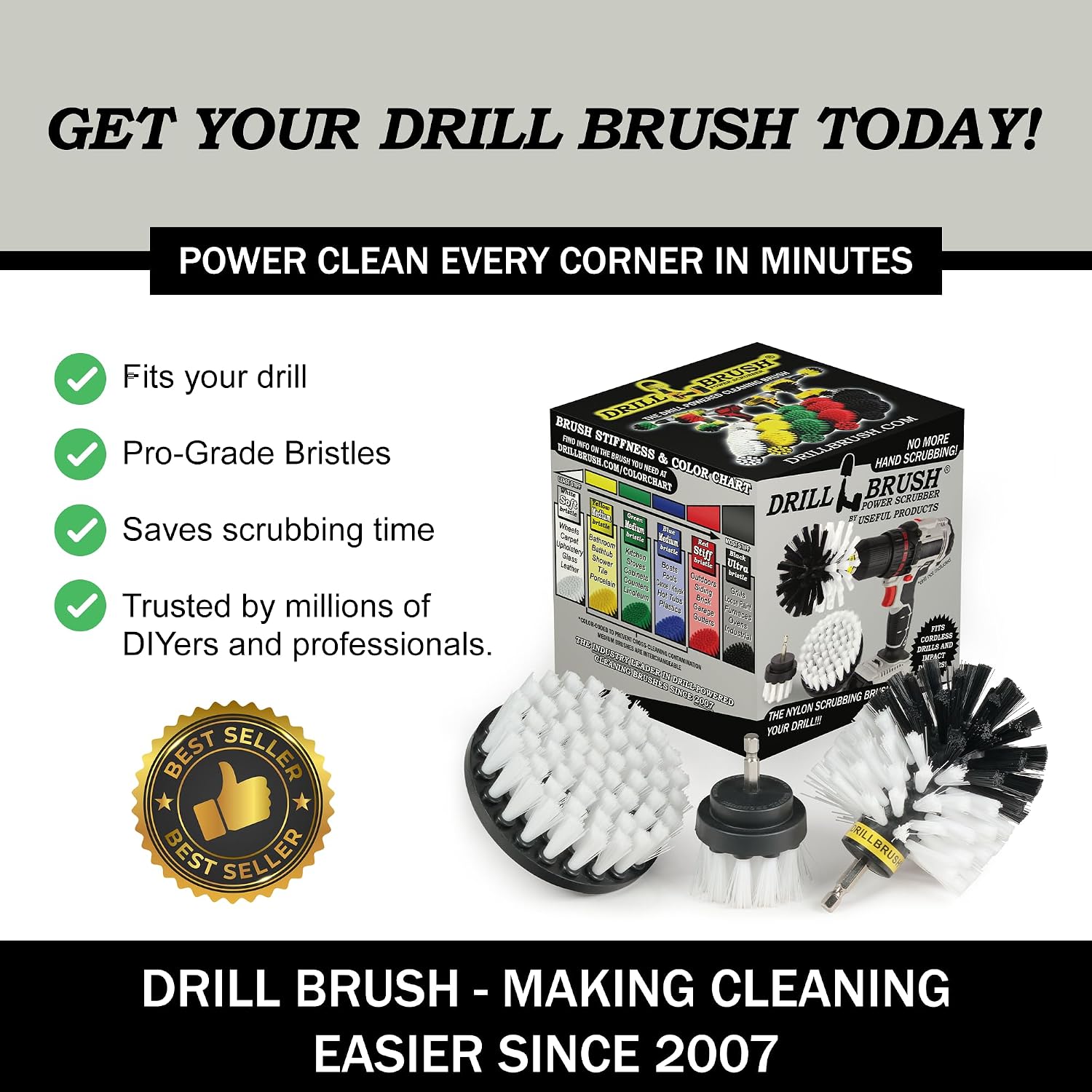 Drillbrush Drill Brush Attachment Set for Bathroom, Tile & Grout Cleaning | Power Scrubber Brush Kit for Bathtub & Shower - All-Purpose Household Cleaning Brushes for Drill - Electric Grout Cleaner Kit