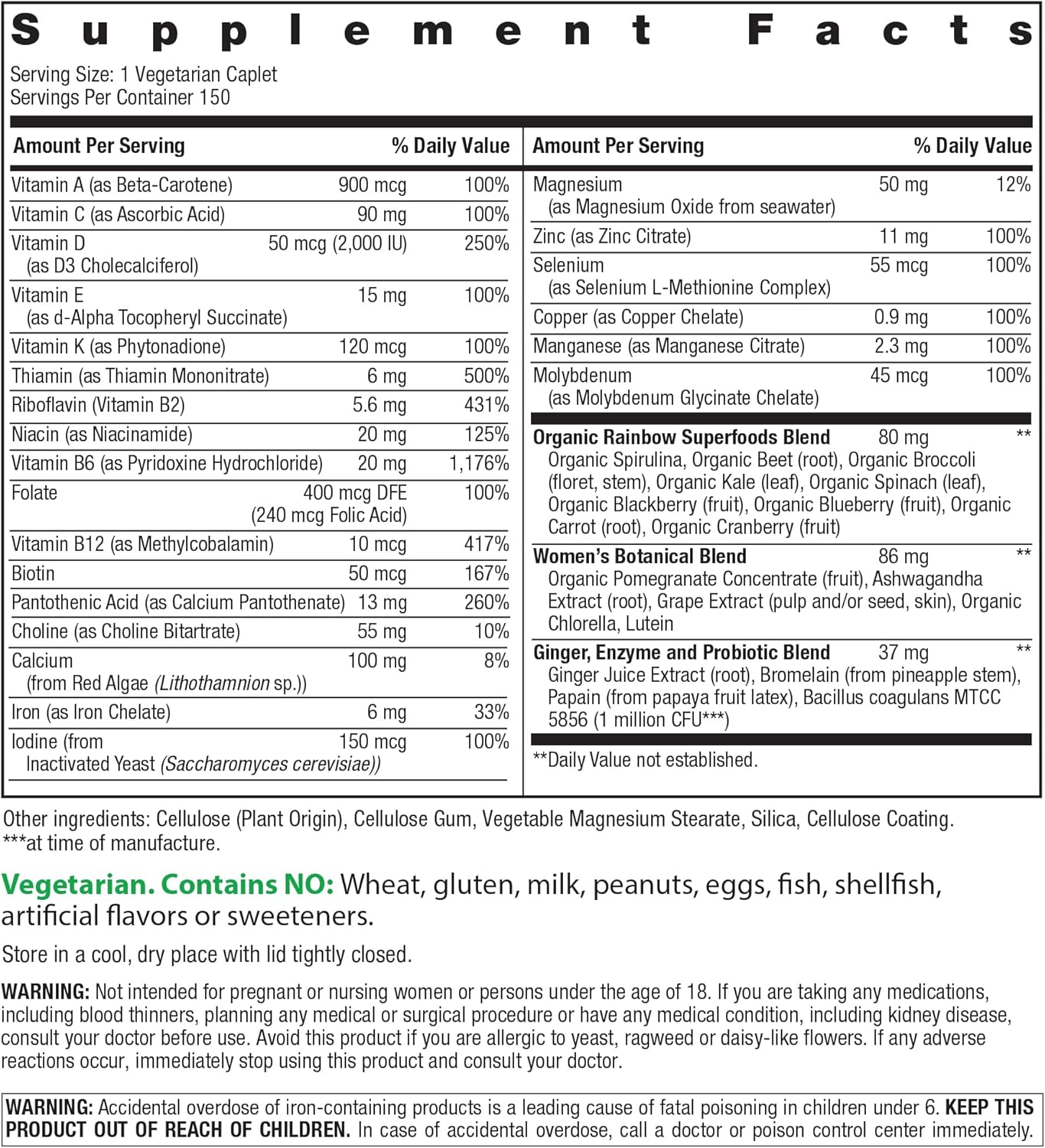 Rainbow Light Womens Multivitamin One + | 60 Caplets | Supports Energy & Antioxidant Health | Real Food Nutrients, Digestive Enzymes & Probiotics