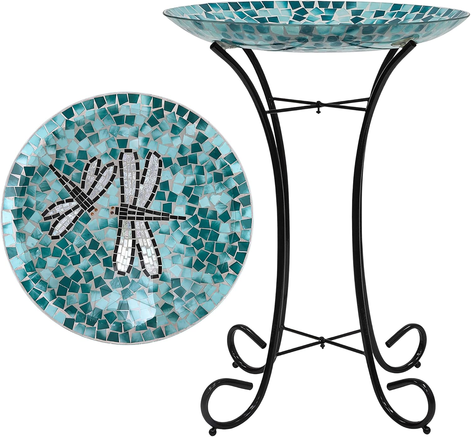 Alpine Corporation 24" Tall Outdoor Floral Mosaic Glass Birdbath with Metal Stand and Detachable 18 Inch Diameter Bowl, Garden Decor