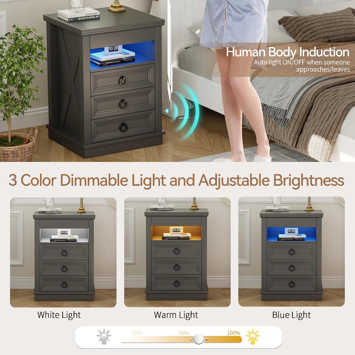 Lvifur LED Nightstand with Lockable Gun Drawer and Human Sensor, Black | USB & Type-C Charging Station, 3 Dimmable Lights, Adjustable Brightness, 3 Drawers, Farmhouse Style, Human Body Induction