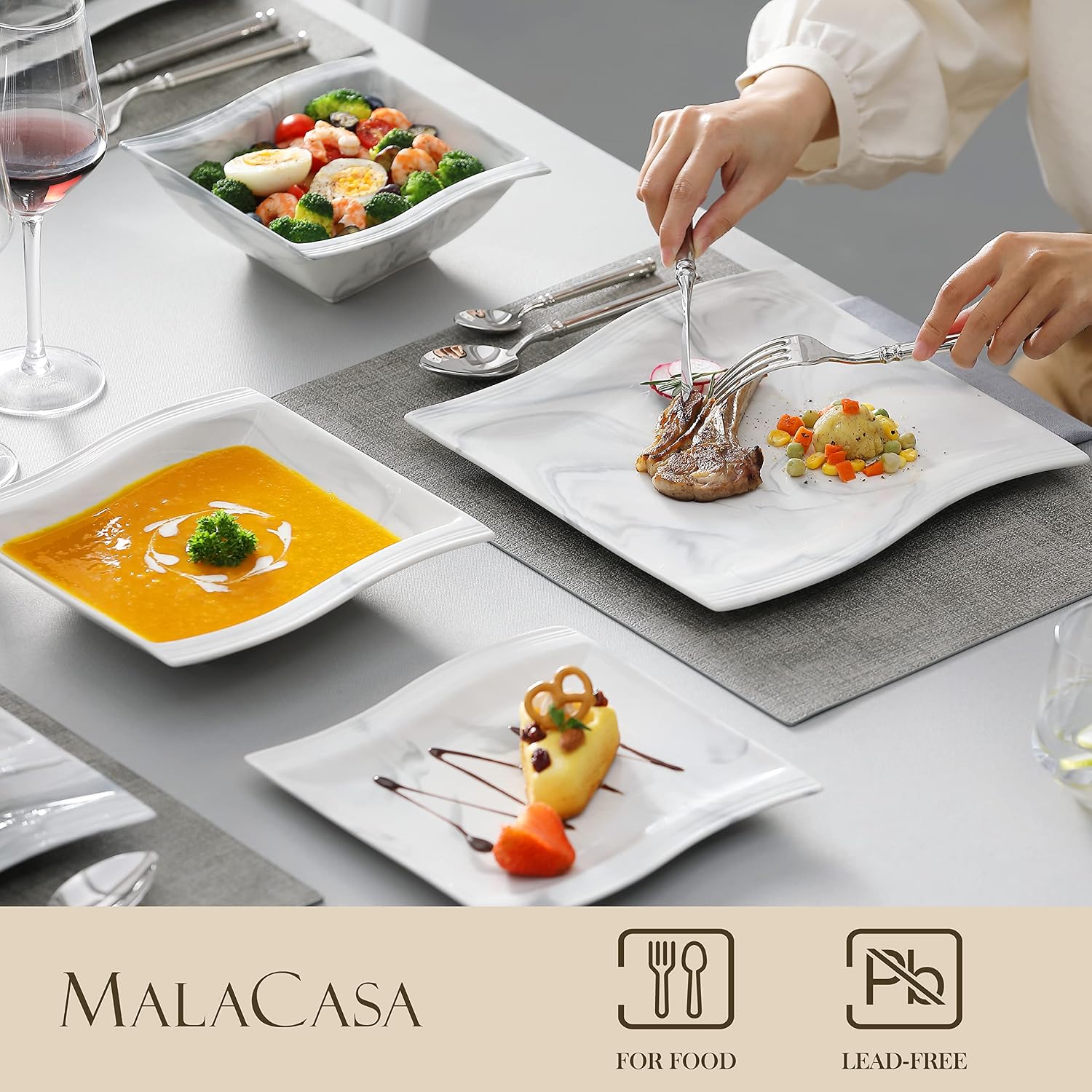 MALACASA Plates and Bowls Sets, 26 Pieces Ivory White Porcelain Dinnerware Sets without Mugs, Square Dinnerware with Dinner Plates, Bowls and Serving Platters, Modern Dish Set for 6, Series Flora