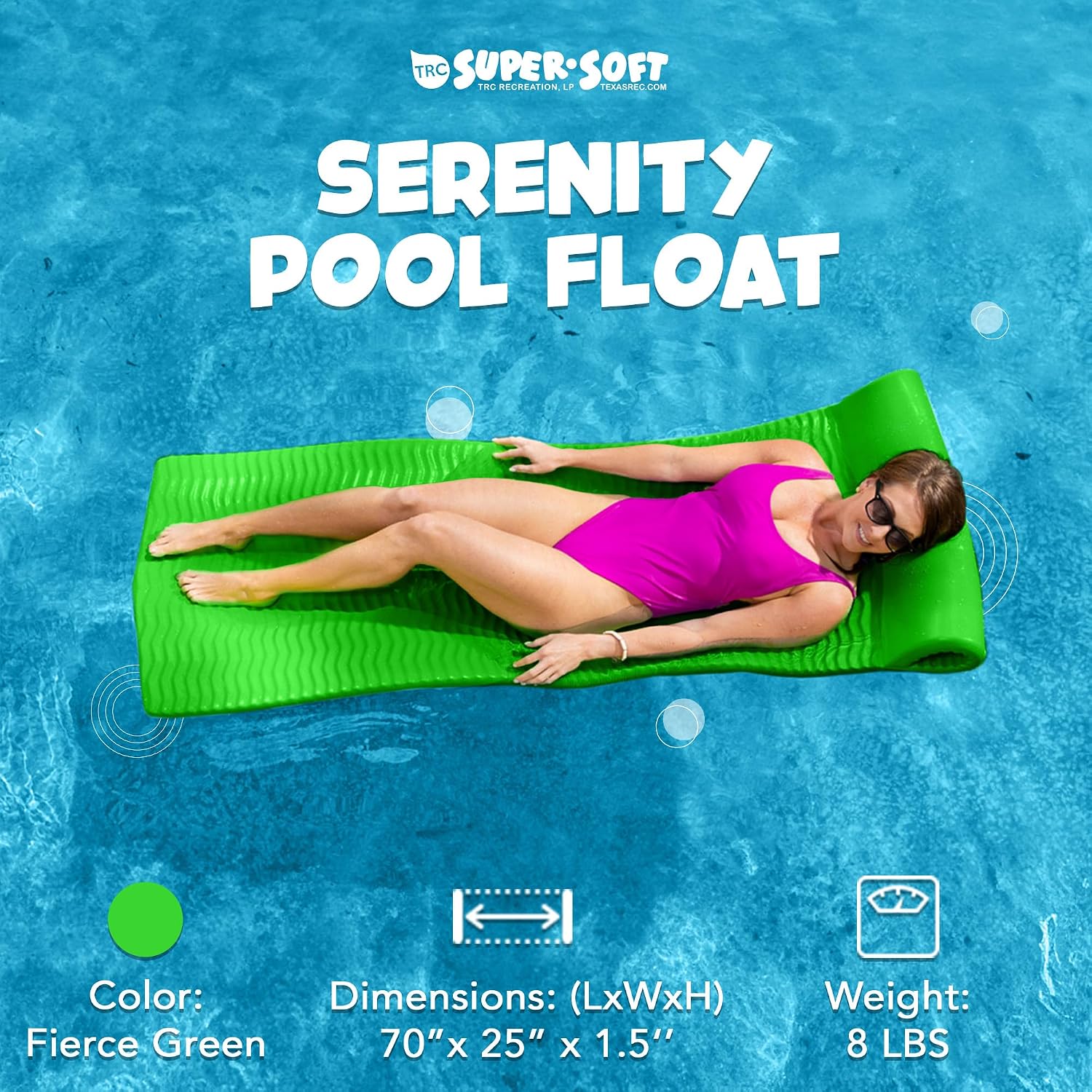 TRC Recreation Serenity 1.5” Thick Vinyl Coated Foam Swimming Pool Float Mat Adult Lounger with Built-in Roll Pillow