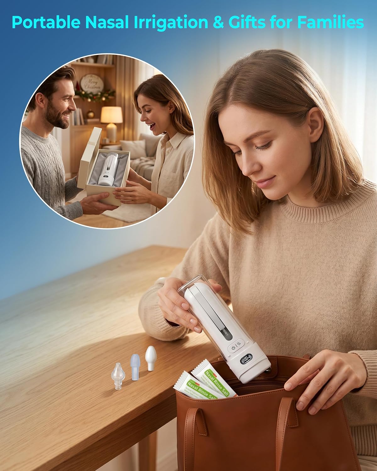 Nasal Irrigation System, Neti Pot Sinus Rinse Bottle 190ML, 3 Pressure Modes Led Display, 180° Adjustable, 1600mAh Nose Cleaner for Sinus Relief