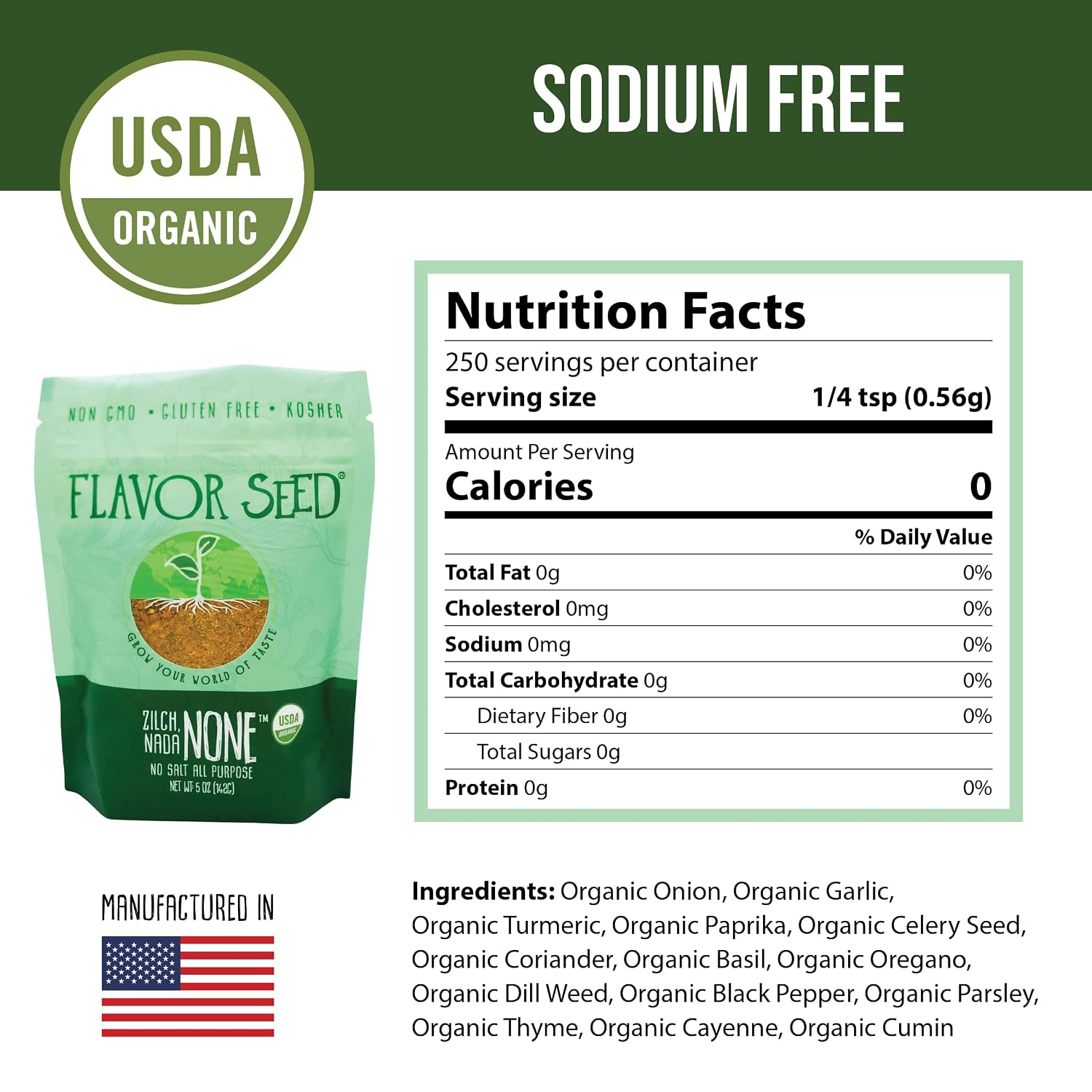 Organic No Salt Seasoning - Zilch Nada None by Flavor Seed, Salt Substitute for Cooking with Herbs & Spices, All Purpose Seasoning for Meat