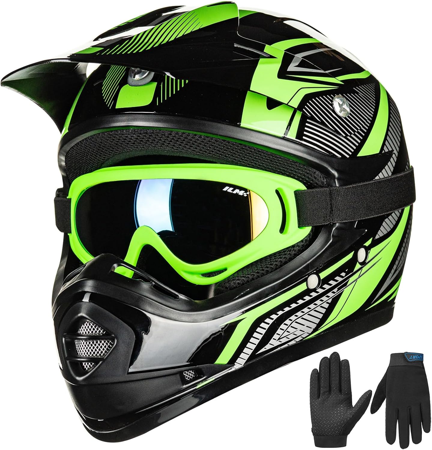 ILM Youth Kids ATV Motocross Helmet Goggles Sports Gloves Dirt Bike Motorcycle Off Road DOT Approved B07 (Youth-L, Matte Black)