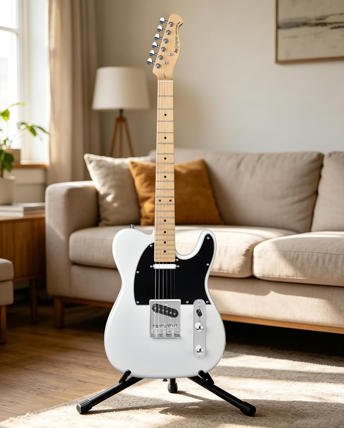Leo Jaymz Beginner Electric Guitar Complete Kit with Portable Amp, Padded Gig Bag & Full Accessories, Maple Neck (TL-White)