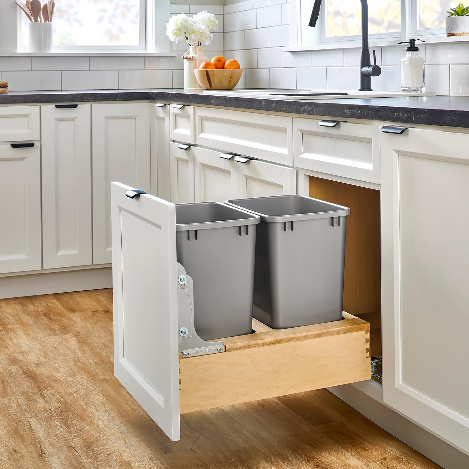 Rev-A-Shelf 35 Qt Bottom Mount Single Pullout Under Cabinet Kitchen Trash Cans for Base Cabinets, 150 Pound Rated Full-Extension Slides, Min Opening Width of 11.5", Silver, 4WCBM-15DM-1