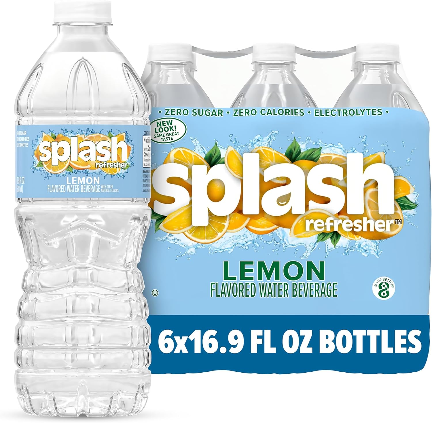 SPLASH REFRESHER Flavored Water Bottles, Lemon - 6 Pack | Refreshing Flavored Bottled Water with Electrolytes - Zero Sugar & Zero Calories - 16.9 Fl Oz