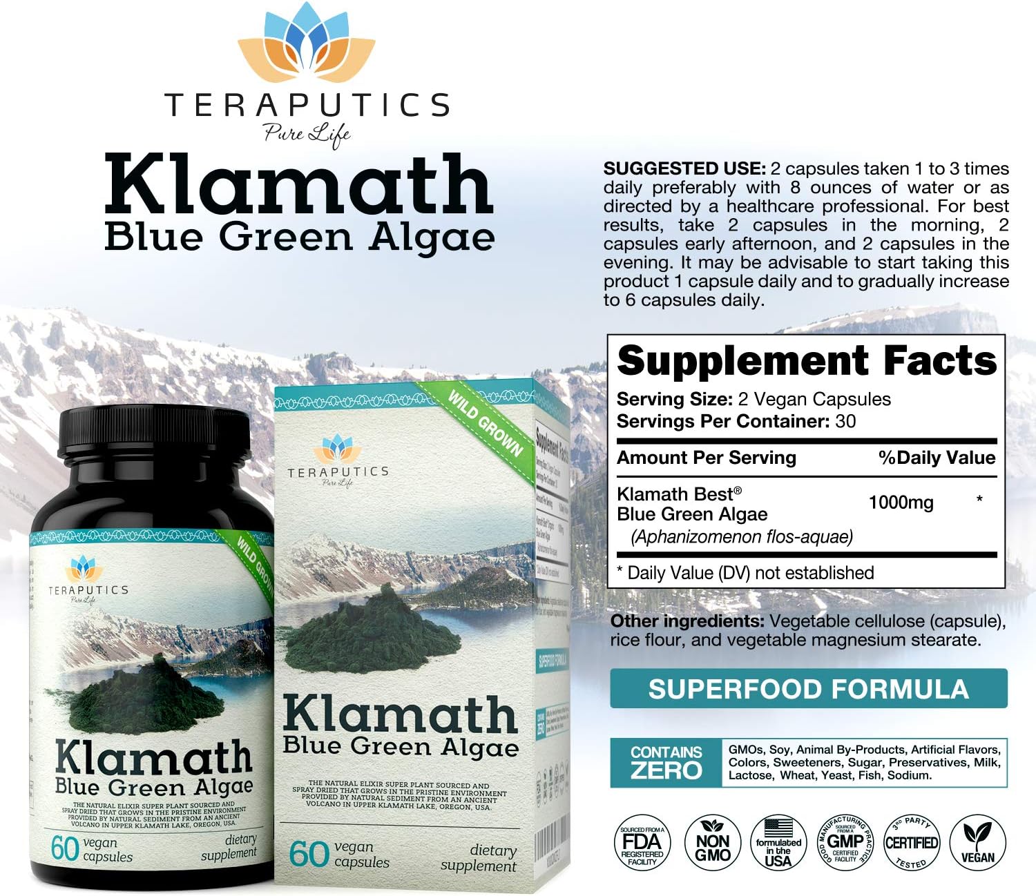 Premium Klamath Lake Blue Green Algae - More Powerful Than Spirulina And Chlorella Supplements | Pure Chlorophyll Rich SuperFood