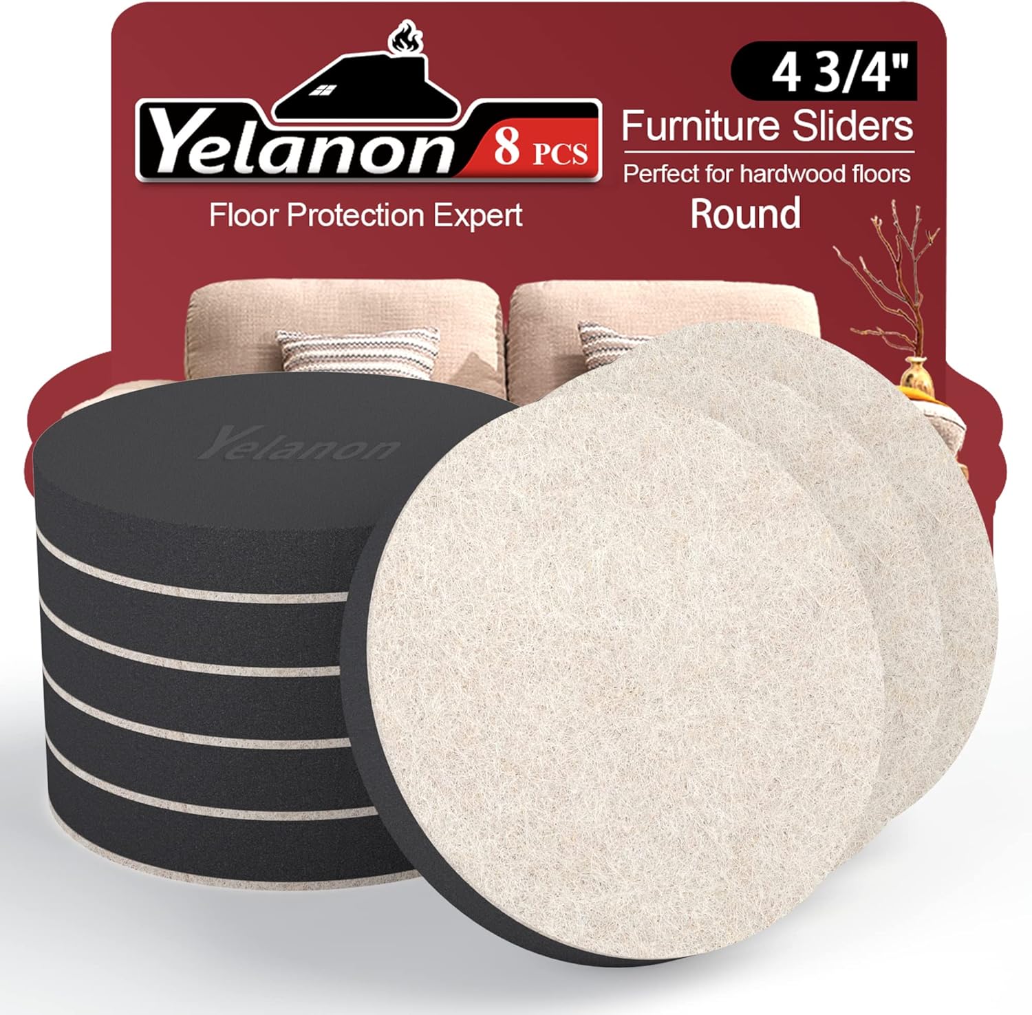 Yelanon Felt Furniture Sliders 20 Pcs 3.5" Round for Hardwood & Tile