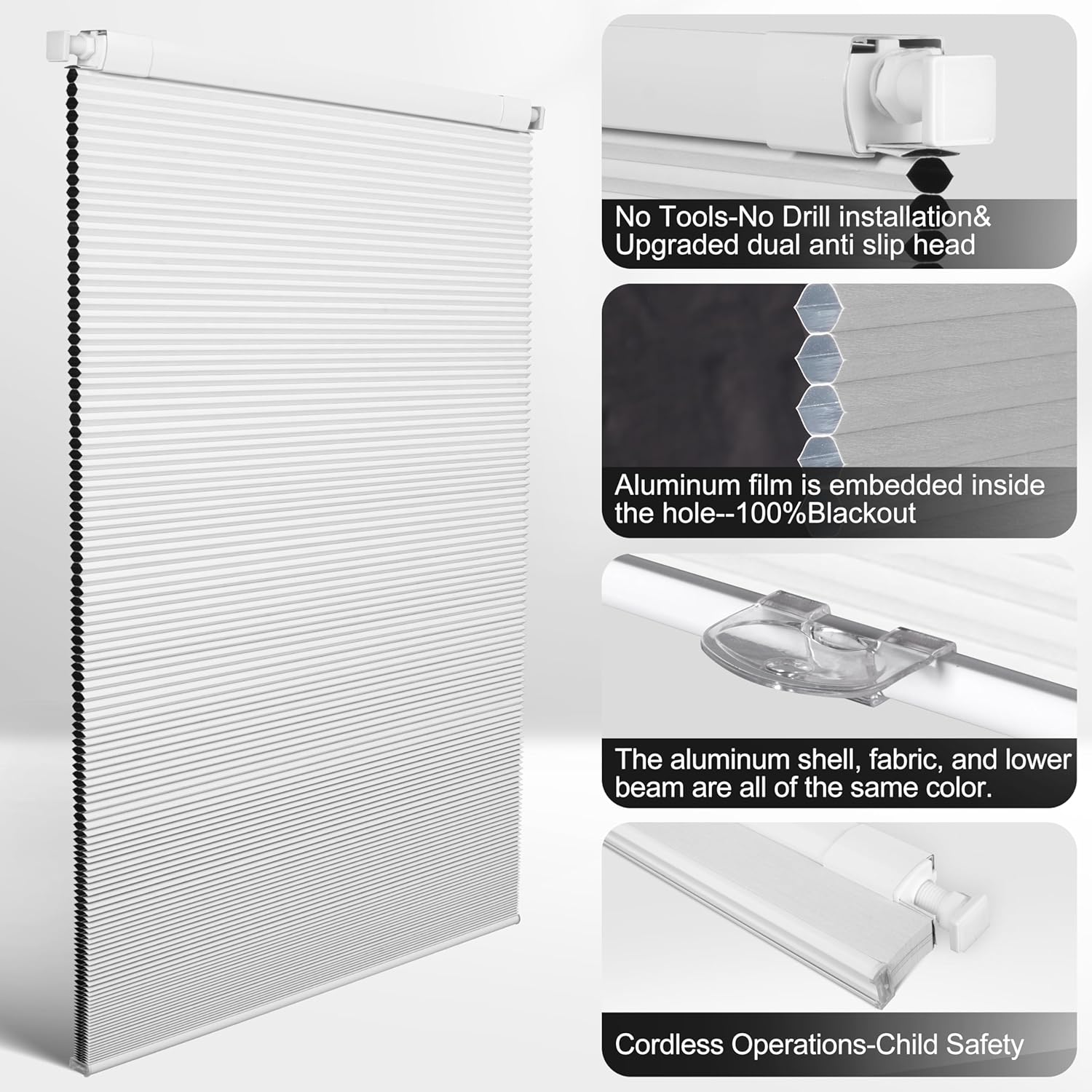 No Drill No Tools Blackout Cellular Shades, White, Custom Size | No Tools Honeycomb Blinds for Indoor Windows.Easy to Install