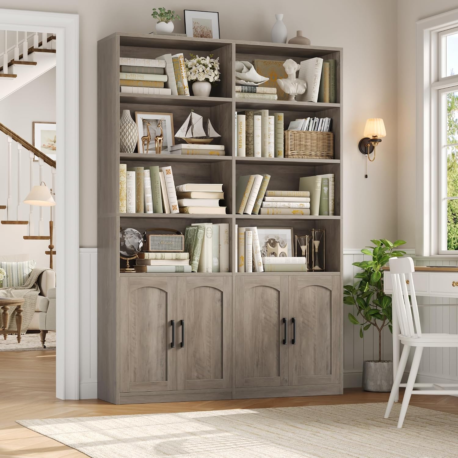 Bookshelf and Bookcase with Doors, Double Wide Large Bookshelves | Industrial Open Display Shelves 6 Tier, 73'' Tall Bookshelf with Storage Cabinets for Office,Home, Living Room, Library,White
