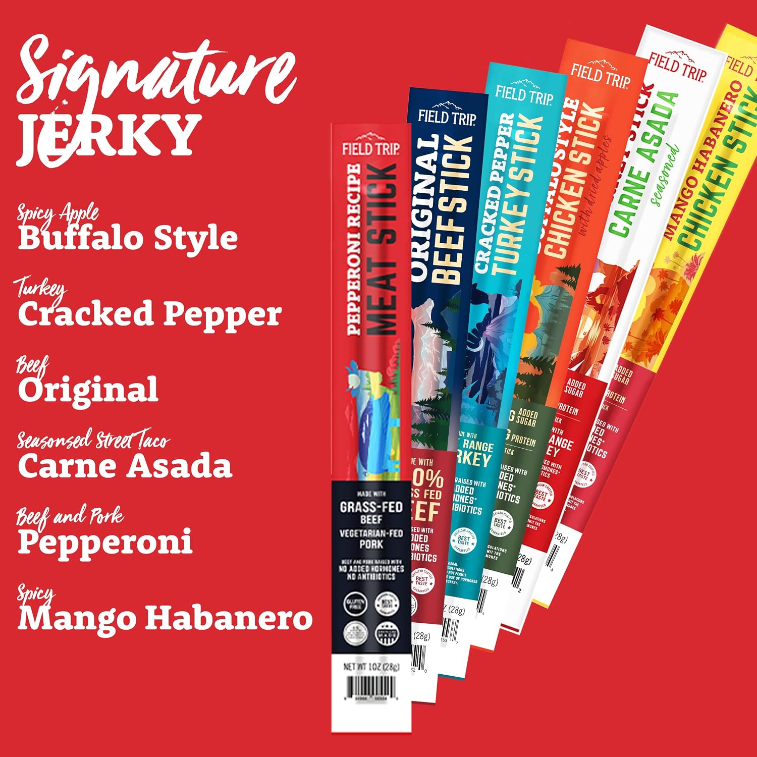 Field Trip Grass Fed Pepperoni Jerky Snack Sticks, Keto, Paleo, Gluten Free, Allergy Friendly Snack, High Protein, 50 Calorie Snack, 0.5oz, 24 Pack | Grass Fed, Keto, Paleo, Gluten Free, Allergy Friendly Snack, High Protein, 50 Calorie Snack