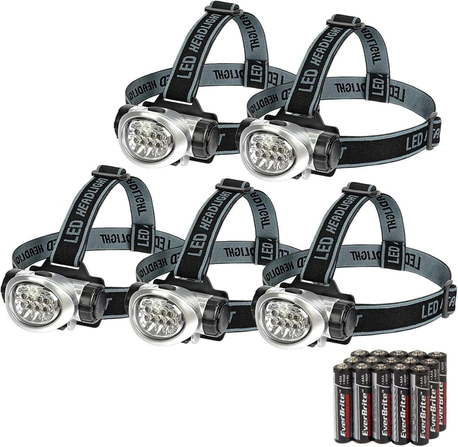 EverBrite 5 Pack LED Headlamp, Pivoting Head with Adjustable Headband | Batteries Included, 4 Lighting Modes, Pivoting Light Head, Adjustable Headband