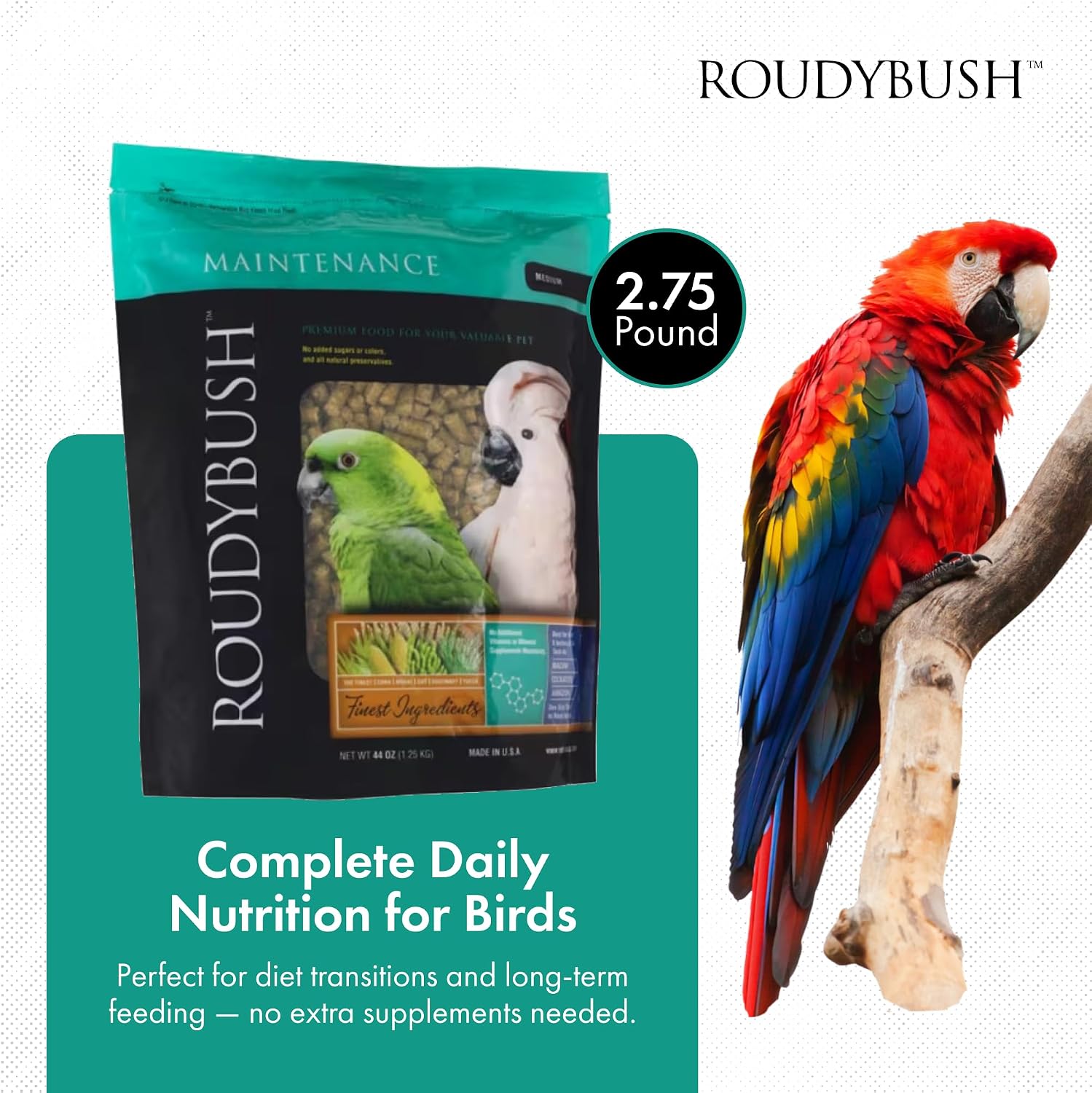 RoudyBush Daily Maintenance Food for Birds - Scientifically Formulated Bird Feed - Bird Food Pellets w/Corn, Wheat, Soy & More - Nutritious & Healthy Feed for Birds (Mini, 44oz)