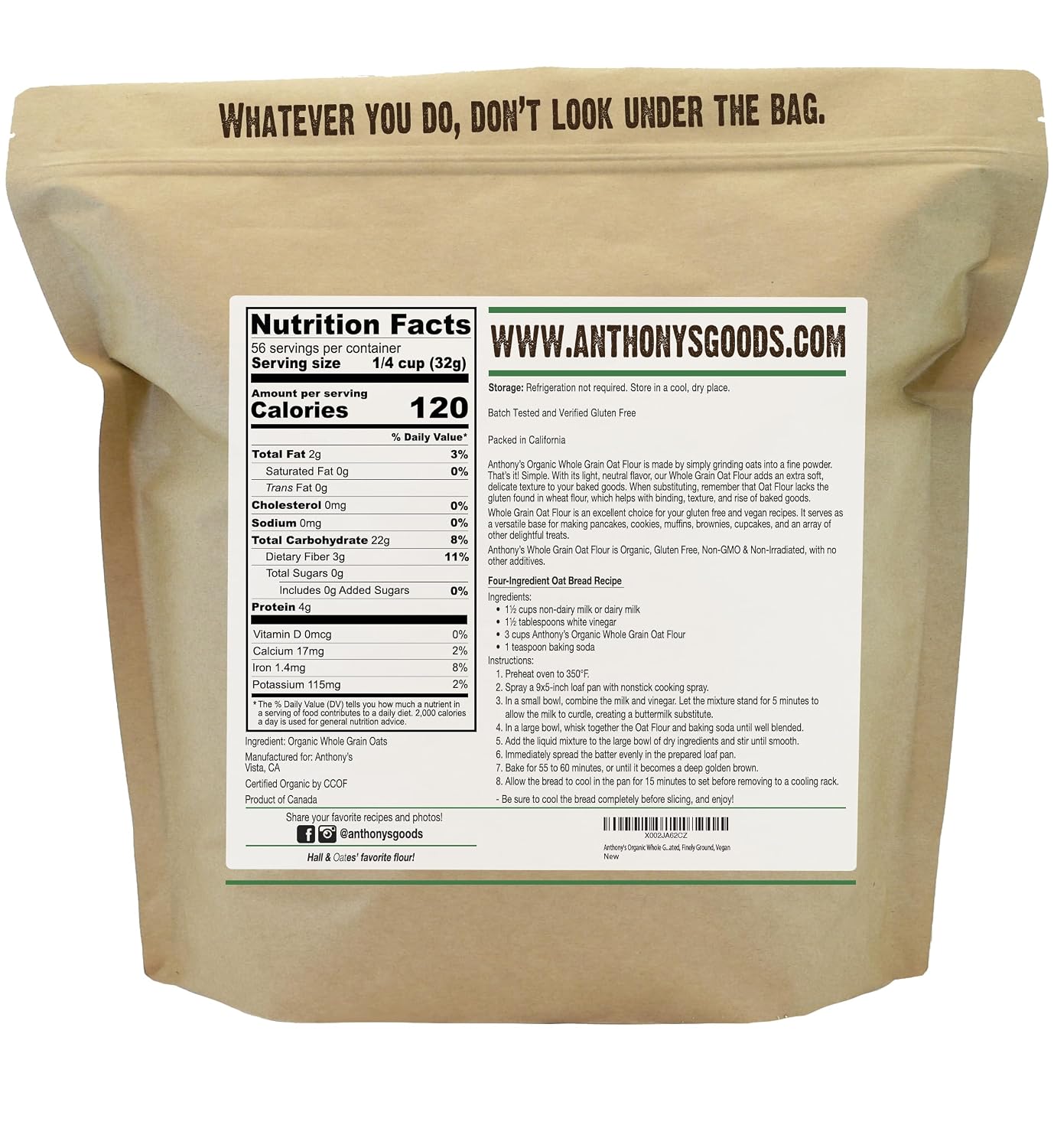 Anthony's Organic Whole Grain Oat Flour, 4 lb, Gluten Free, Non GMO, Non Irradiated, Finely Ground, Vegan