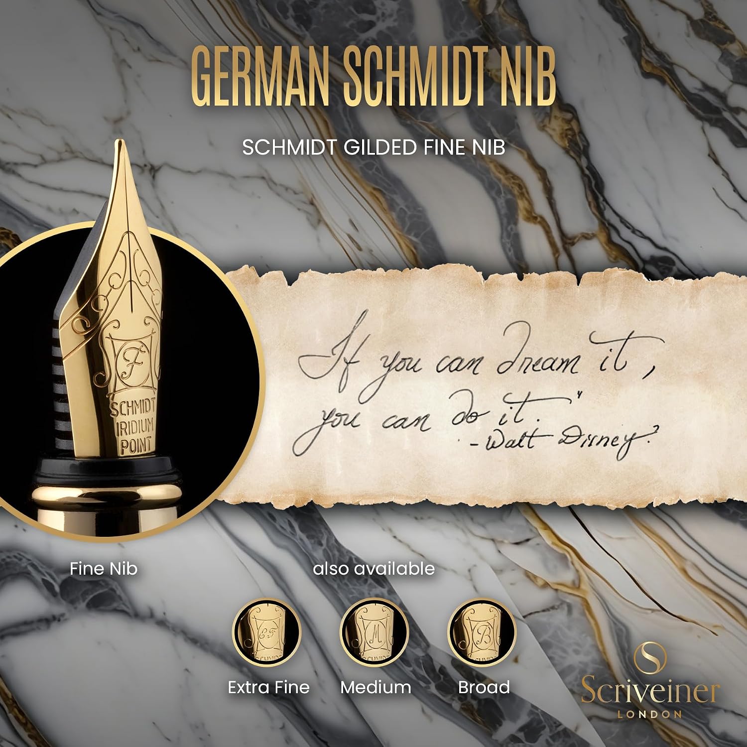 Scriveiner Silver Chrome Fountain Pen - Stunning Luxury Pen, Real Gold Finish Schmidt Gilded Nib (Medium), Best Pen Gift Set for Men & Women