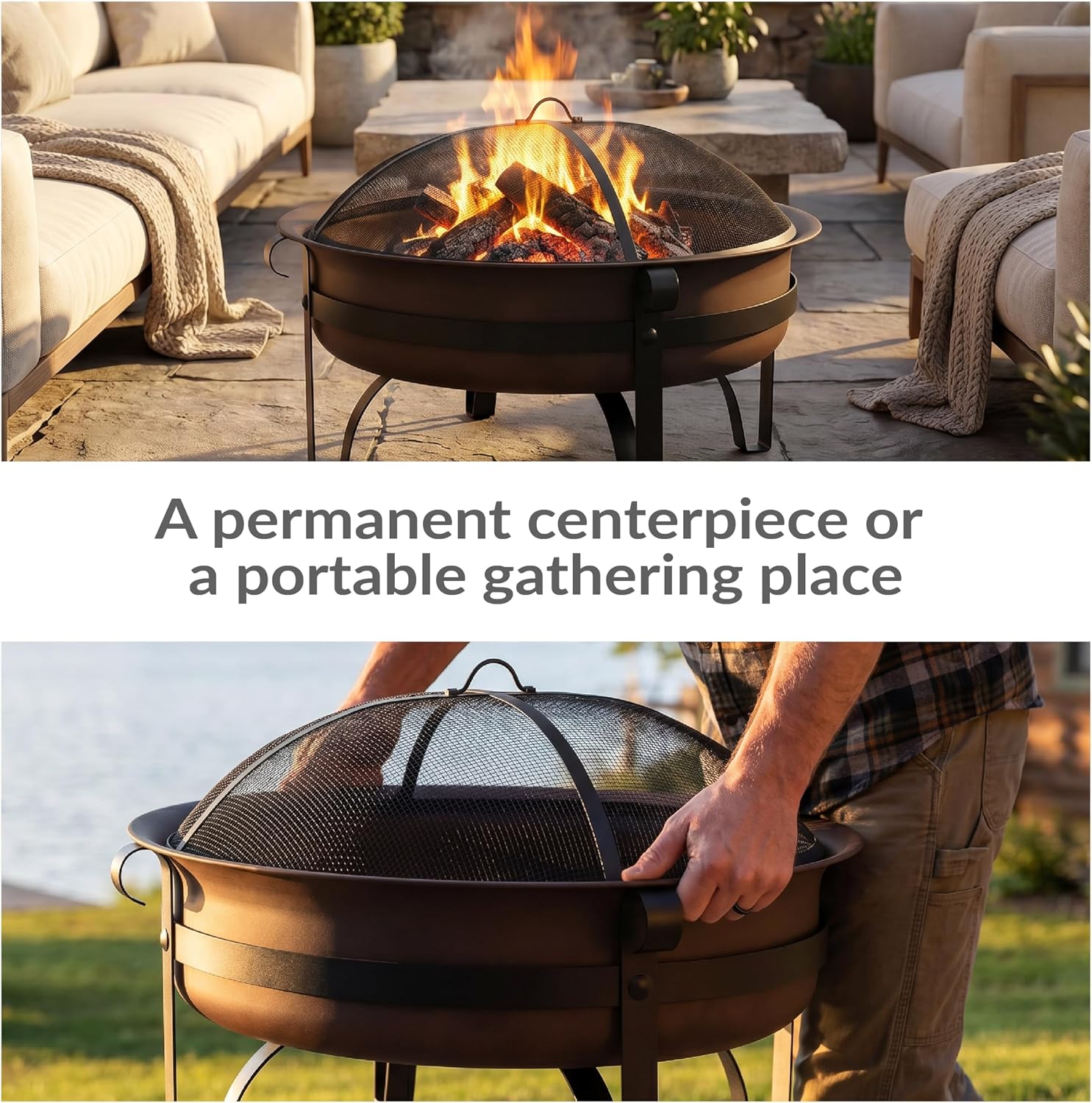 Sunnydaze Round Patio Fire Pit for Outside Wood Burning, Dark Bronze, 29"