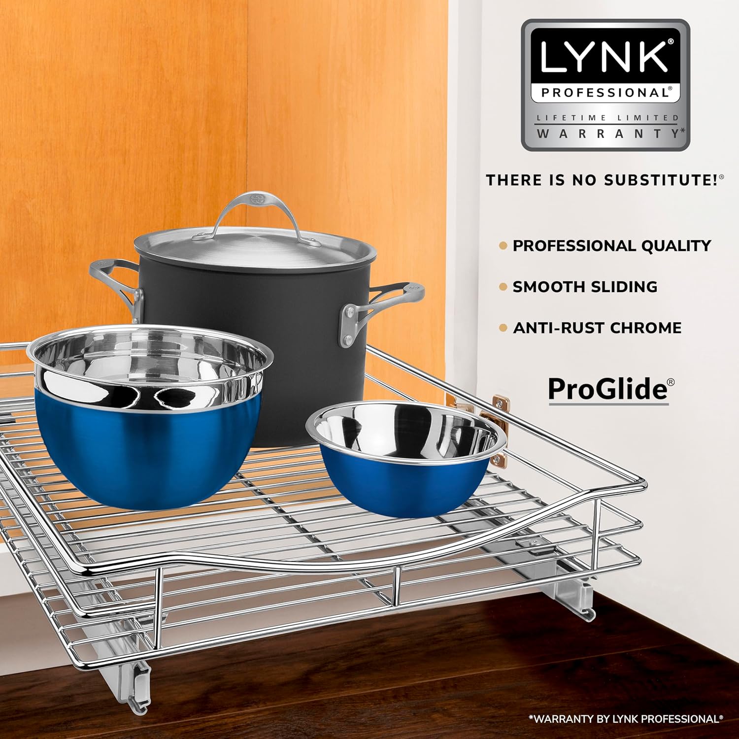 LYNK PROFESSIONAL® Pull Out Cabinet Organizer, Kitchen Slide Out Drawer | 11W x 21D Chrome cabinet pull-out shelves with 3/4-extension glides create easy-access storage for cookware and pantry items