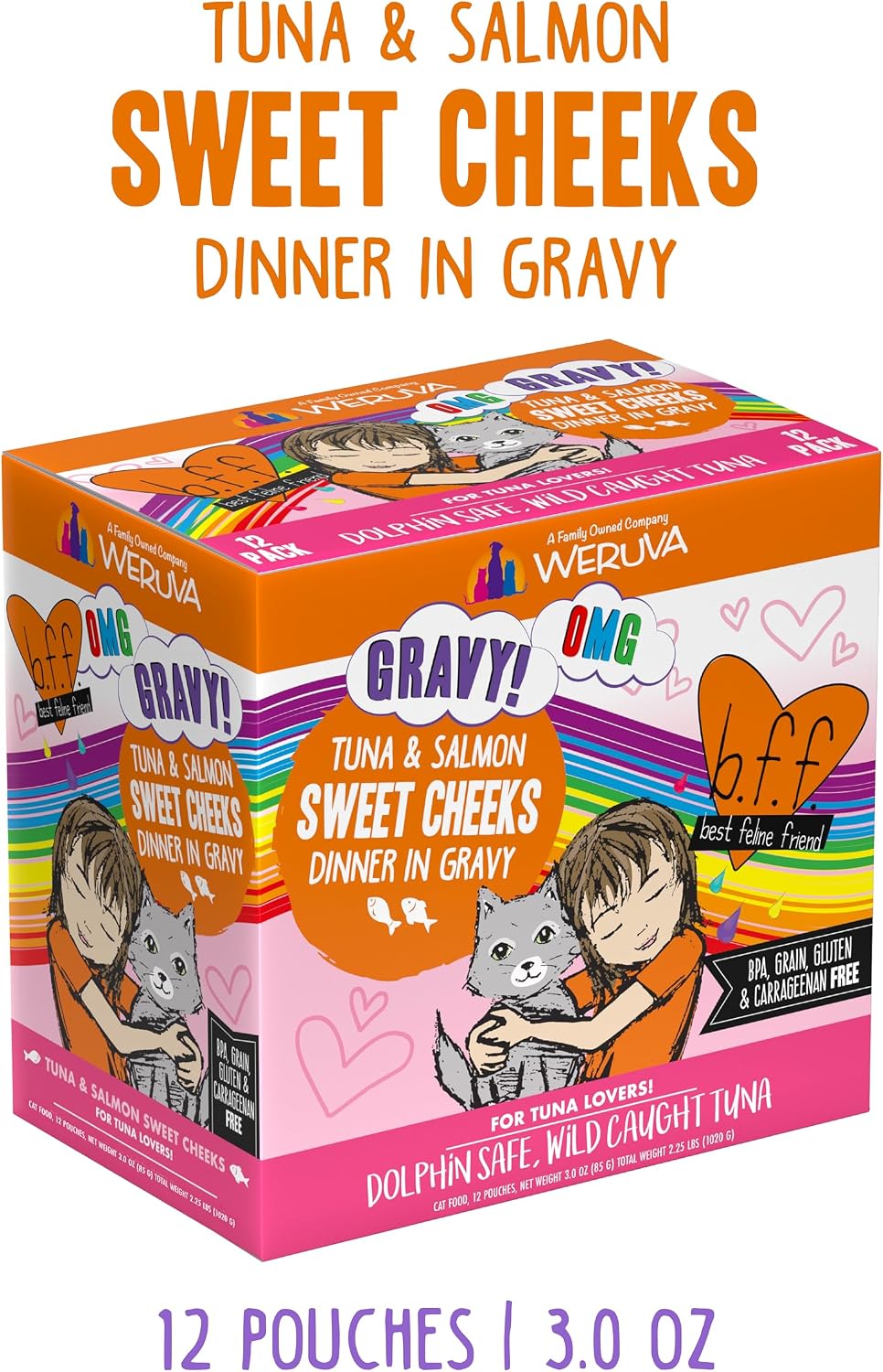 Weruva B.F.F. OMG - Best Feline Friend Oh My Gravy!, Tuna & Salmon Sweet Cheeks with Tuna & Salmon in Gravy Cat Food, 3oz Pouch (Pack of 12)