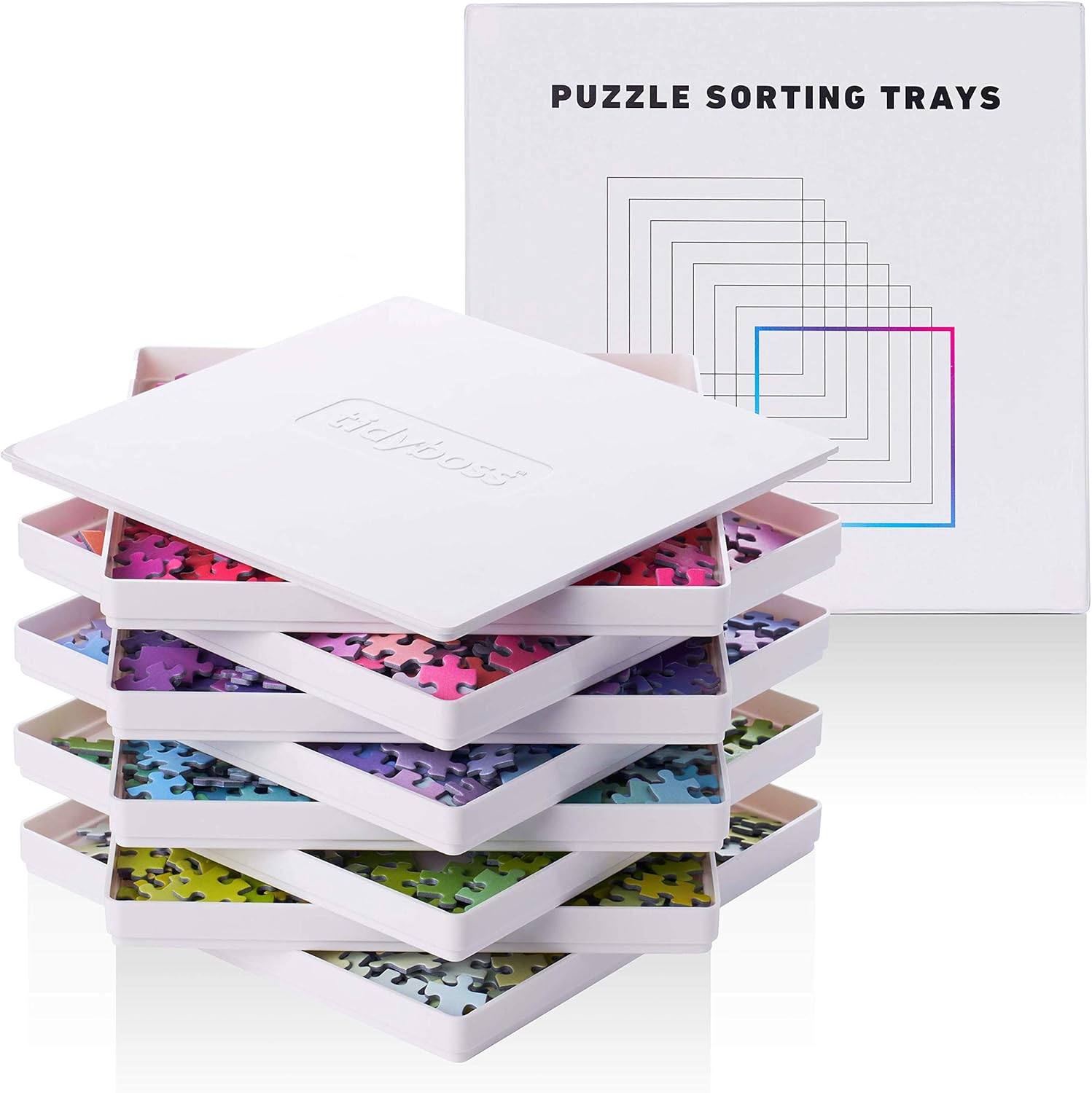 Tidyboss 8 Puzzle Sorting Trays with Lid 8" x 8" - Portable Jigsaw Puzzle Accessories White Background Makes Pieces Stand Out to Better Sort Patterns