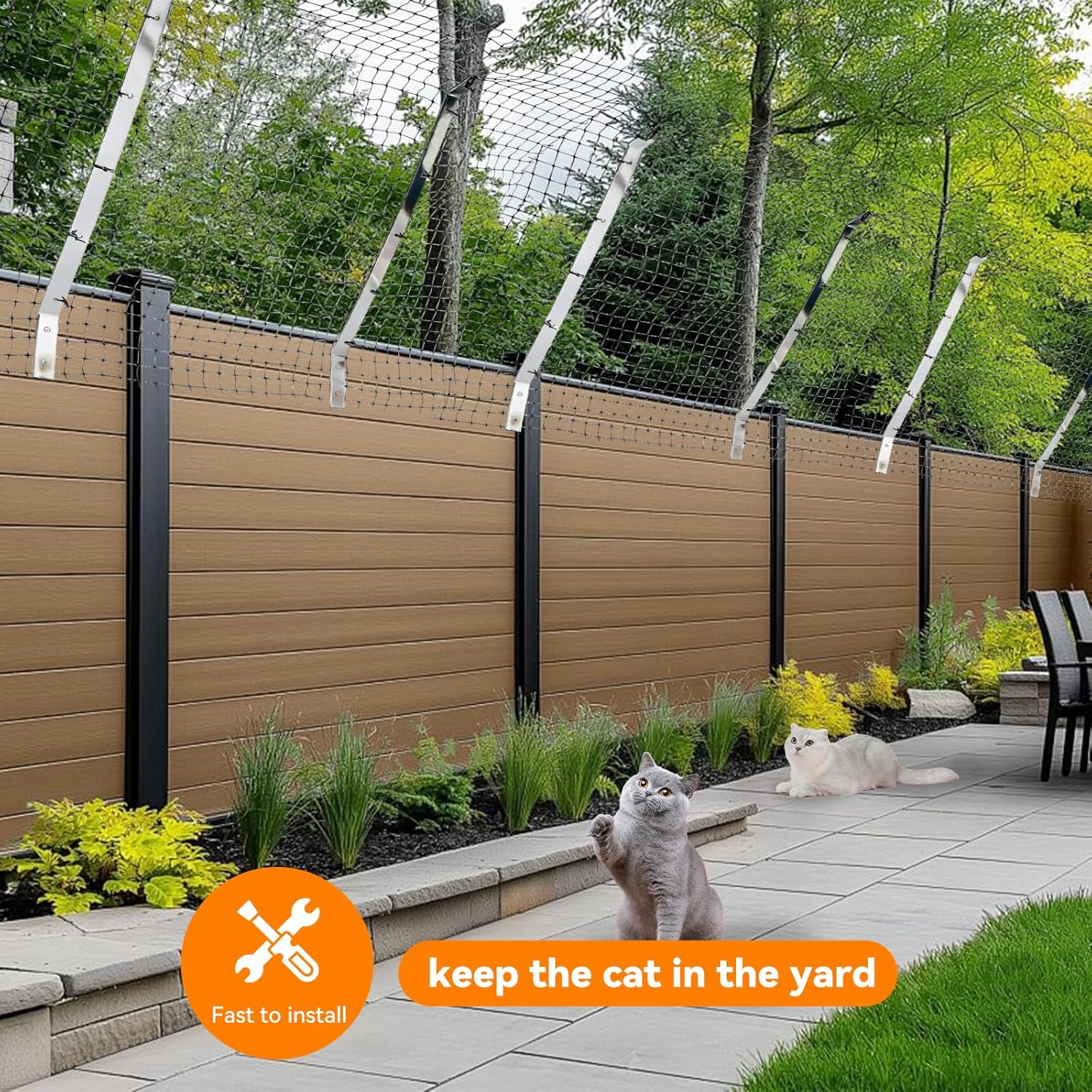 Cat Fence Retrofit System Curved Fence Extenders Anti-Climb Jump Outdoor Barrier Galvanized Steel Toppers & Poly Mesh Containment Barrier for Wood