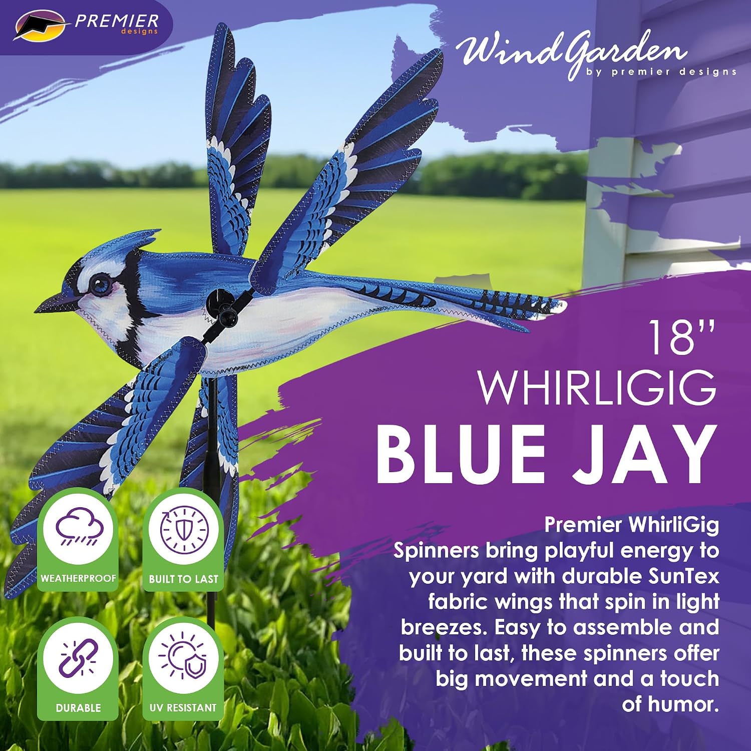 Whirligig Spinner Blue Jay 18" – Vibrant Bird-Themed Design, Weather-Resistant Outdoor Decor, Durable & Lightweight for Patios, Yards