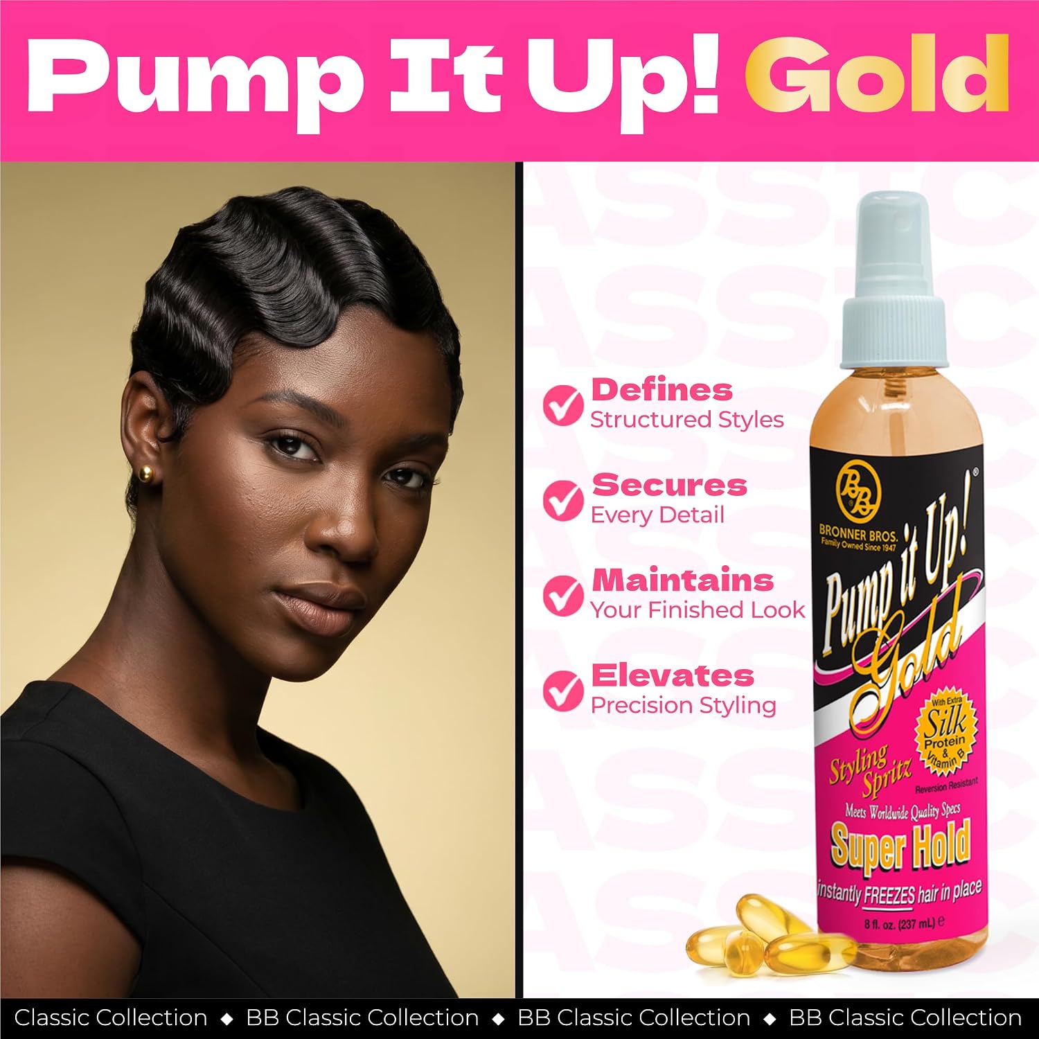 Bronner Bros Pump It Up Gold Styling Spritz, Super Hold Hairspray, 8oz | For Styling & Finishing, Fast-Drying Hair Spray