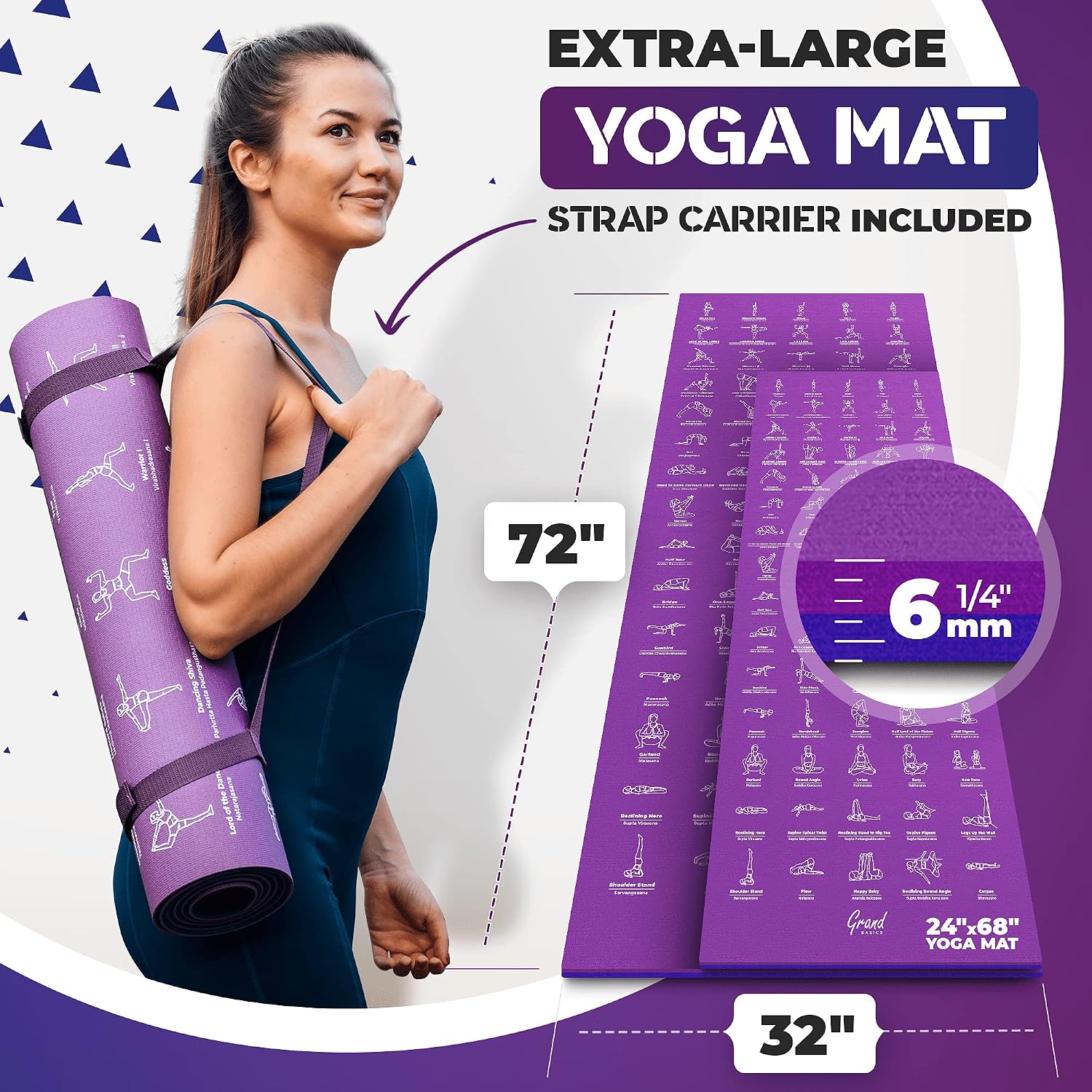 Instructional Yoga Mat with Carrying Strap: Cute Yoga Mat with 75 Illustrated Yoga Poses + 75 Easily-Followed Stretching Exercises - 1/4” Thick