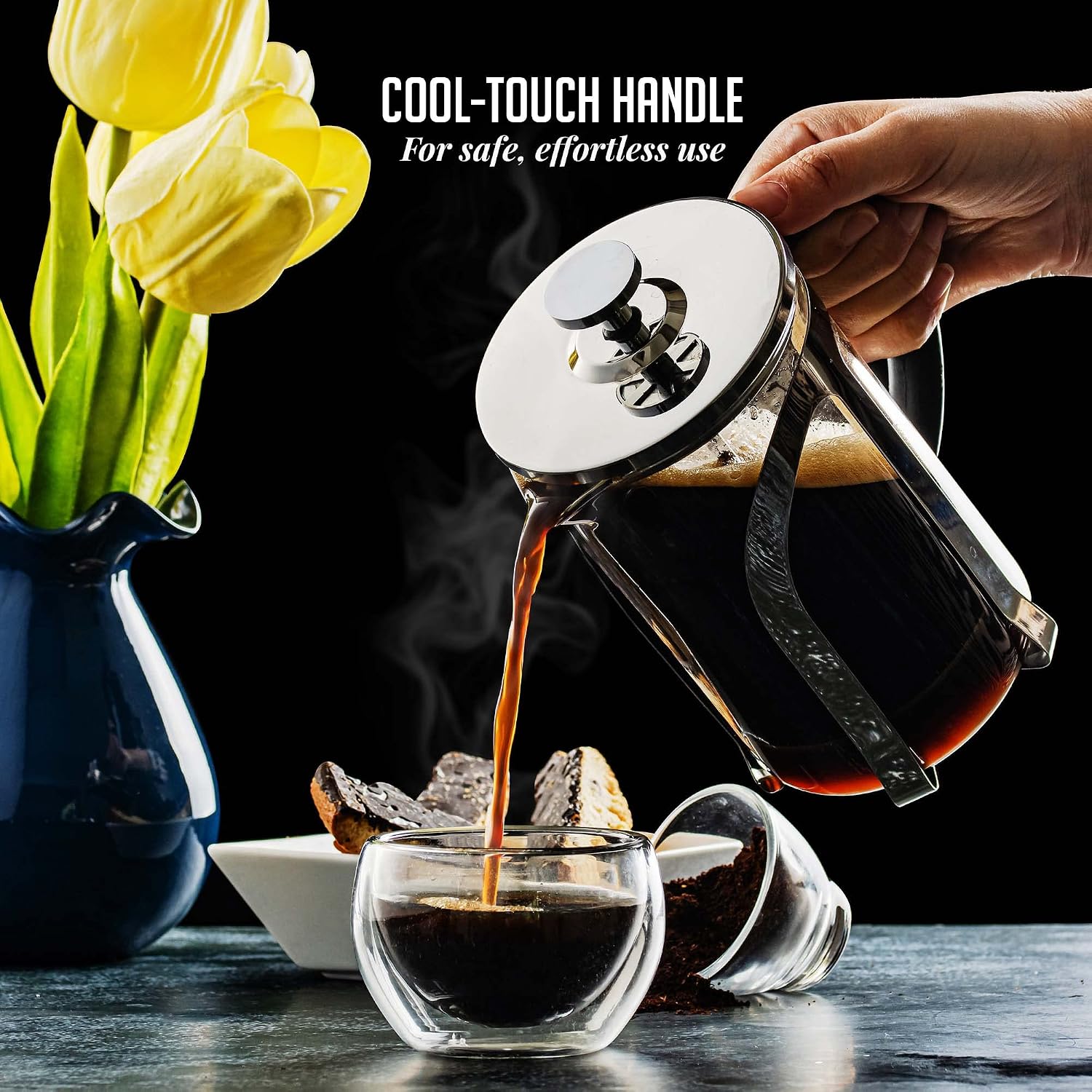 OVENTE French Press Coffee Maker, 34oz BPA-Free Cold Brewer, Clear FGC34T | Heat Resistant Borosilicate Glass, 4-Level Filter System, Stainless Steel Plunger, Cafetera Tea Pot for Kitchen Travel Gifts