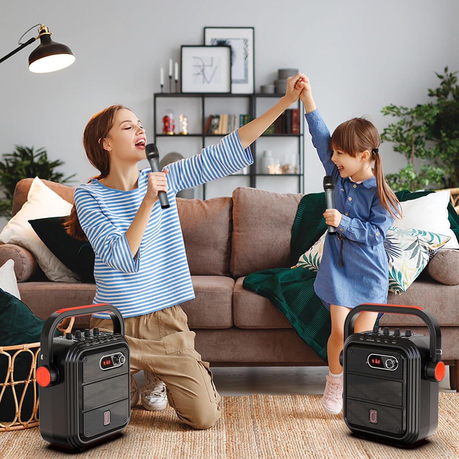 JYX Karaoke Machine with 2 Wireless Microphones, 5200mAh Portable Speaker Set Bluetooth 5.0 Rechargeable PA System with TWS, FM, REC