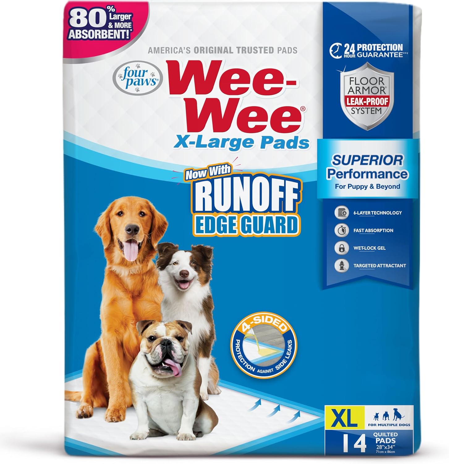 Four Paws Wee-Wee Superior Performance X-Large Dog Pee Pads, 40 Count | Puppy & dog potty training pads, housebreaking supplies, xl puppy pads, pet supplies, 24-hour floor protection, 28" x 34"