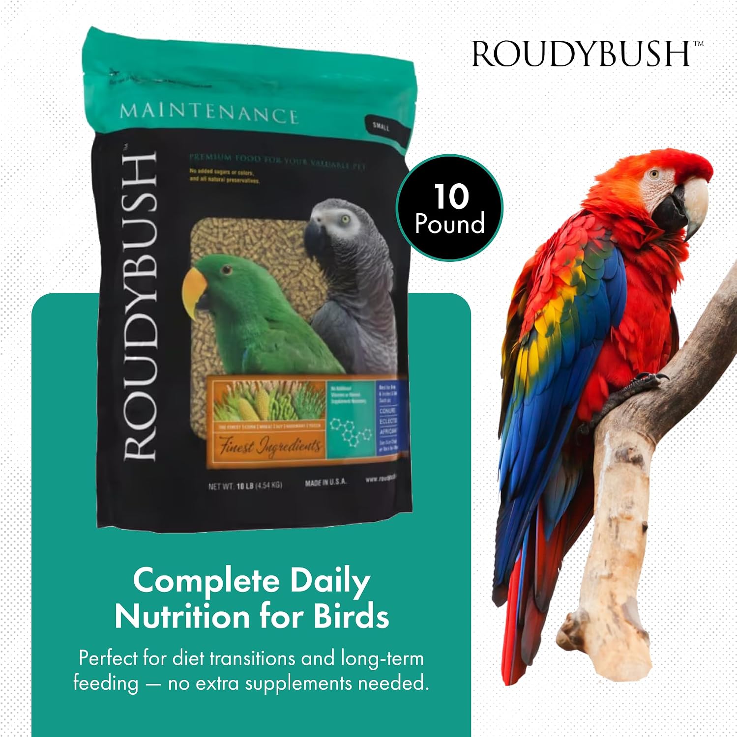 RoudyBush Daily Maintenance Food for Birds - Scientifically Formulated Bird Feed - Bird Food Pellets w/Corn, Wheat, Soy & More - Nutritious & Healthy Feed for Birds (Mini, 44oz)