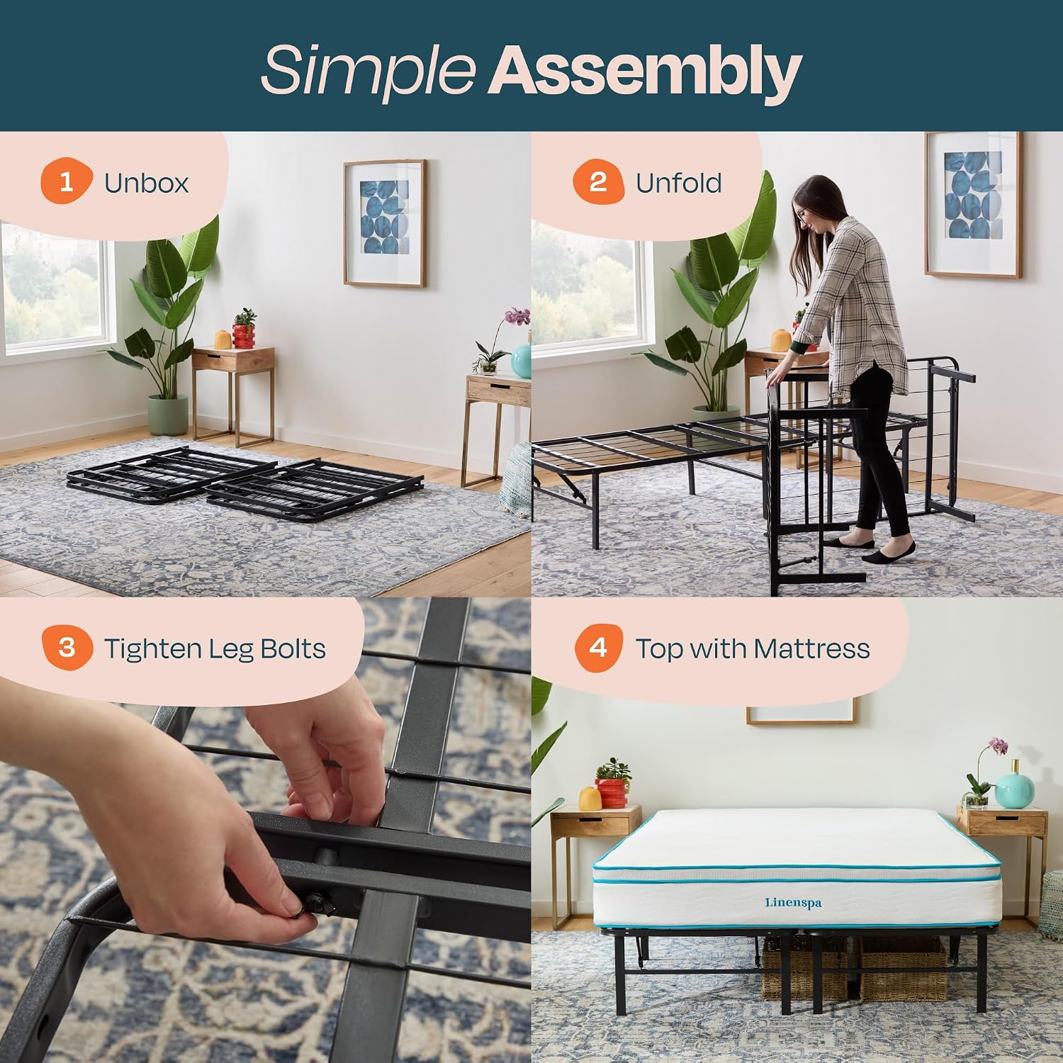 Linenspa Folding Metal Platform Bed Frame - Easy Assembly - Sturdy Steel - No Box Spring Needed - Underbed Storage - Mattress Foundation - 14" High