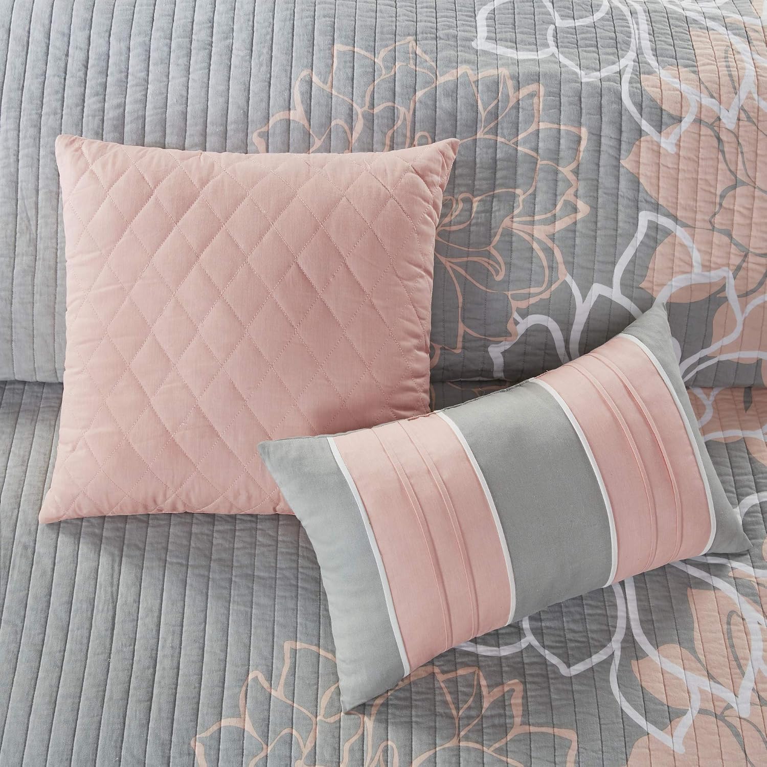 Madison Park Cotton Casual Floral Quilt Set, 6PC Full/Queen Coverlet | Channel Stitching Design, All Season, Lightweight Coverlet Bedspread Bedding, Shams, Decorative Pillows, Taupe Grey/Purple