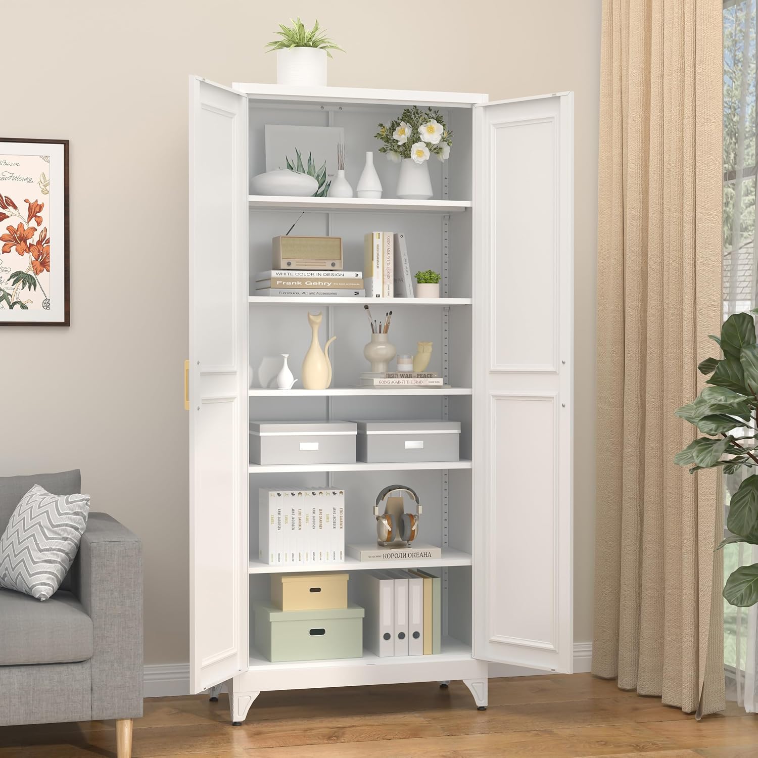 Steeloong 71"Metal Pantry Storage Cabinet with Doors & 4 Adjustable Shelves | Kitchen Pantry Cabinet,White Kitchen Cabinet with 2 Gold Handles,Tall Cabinet for Livingroom,Pantry, Bathroom,Kitchen