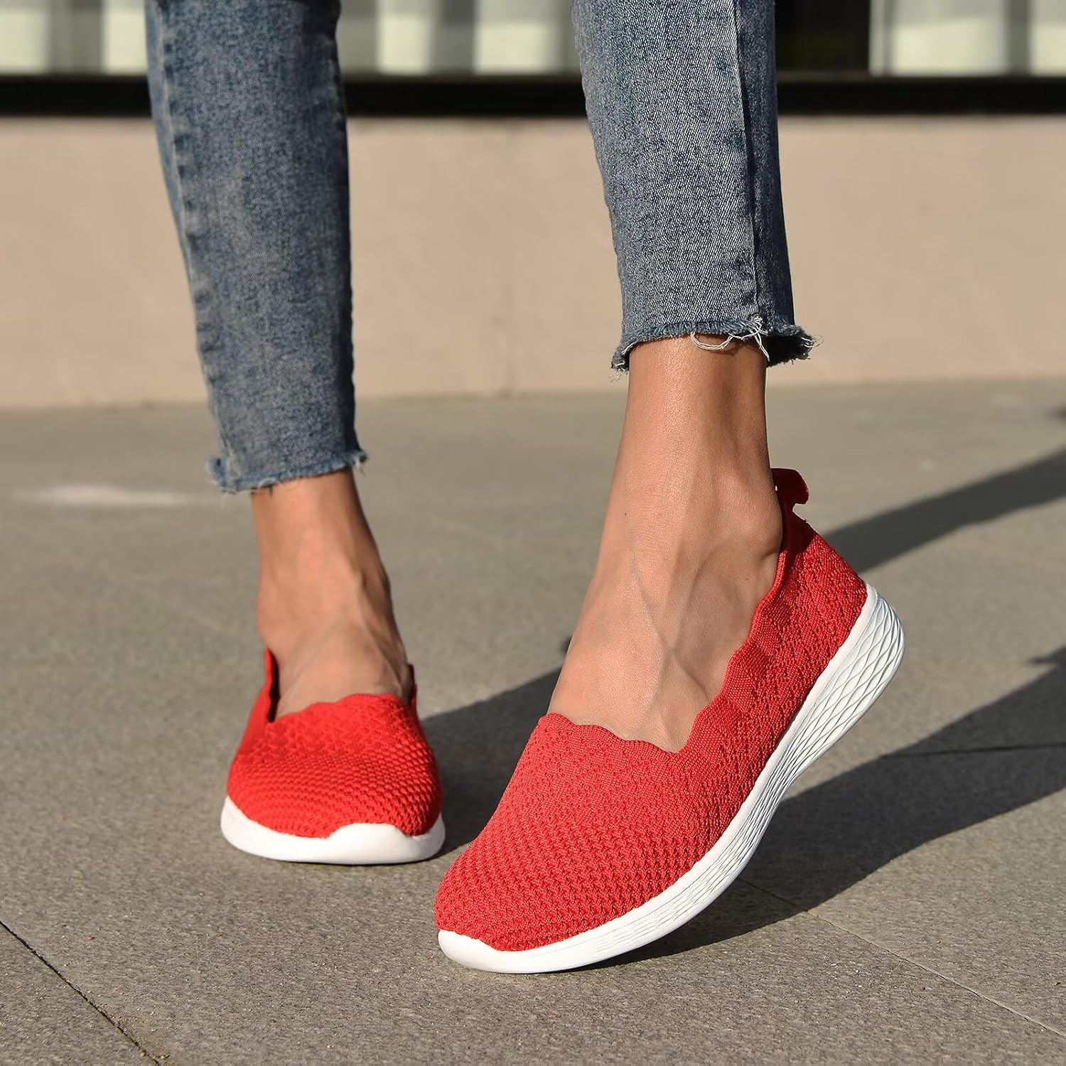 poemlady Women's Walking Shoes Slip On Knit Mesh Loafers Round Toe Flat
