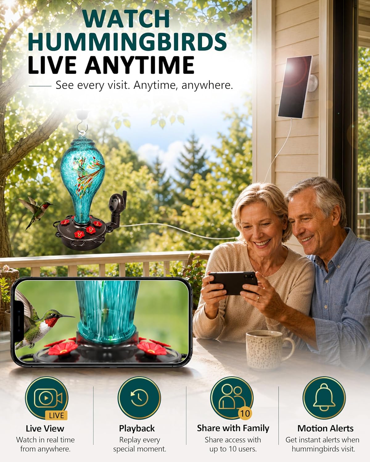 LUJII Hummingbird Feeder, Hand Blown Glass Hummingbird Feeder, Never Fade, 36 Fluid Ounces, 5 Feeding Metal Stations, Much Bigger, Garden Backyard Decorative, Containing Ant Moat (Blue)