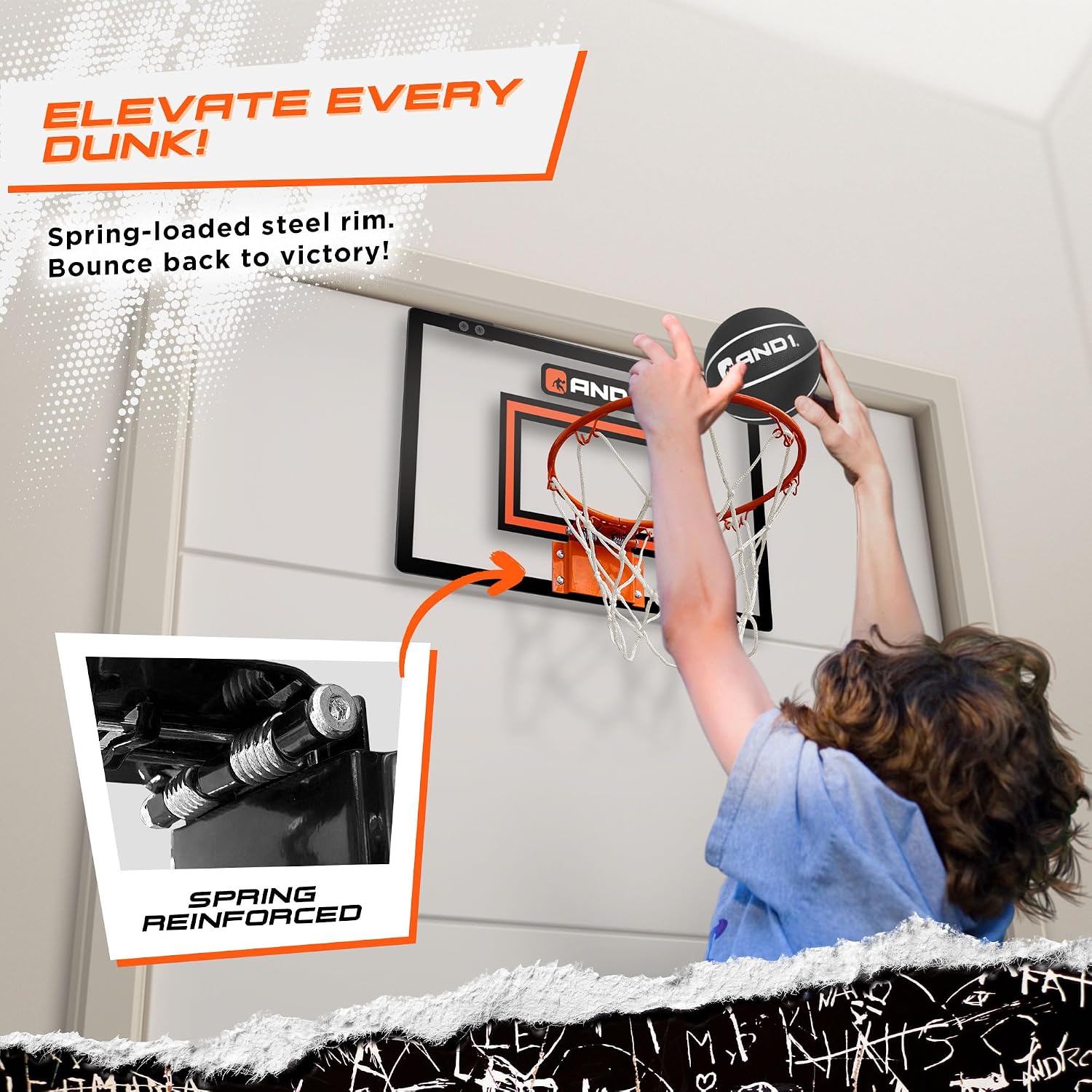 AND1 Over the Door Mini Basketball Hoop: 18x12 Shatterproof Backboard, 2 Mini Basketballs