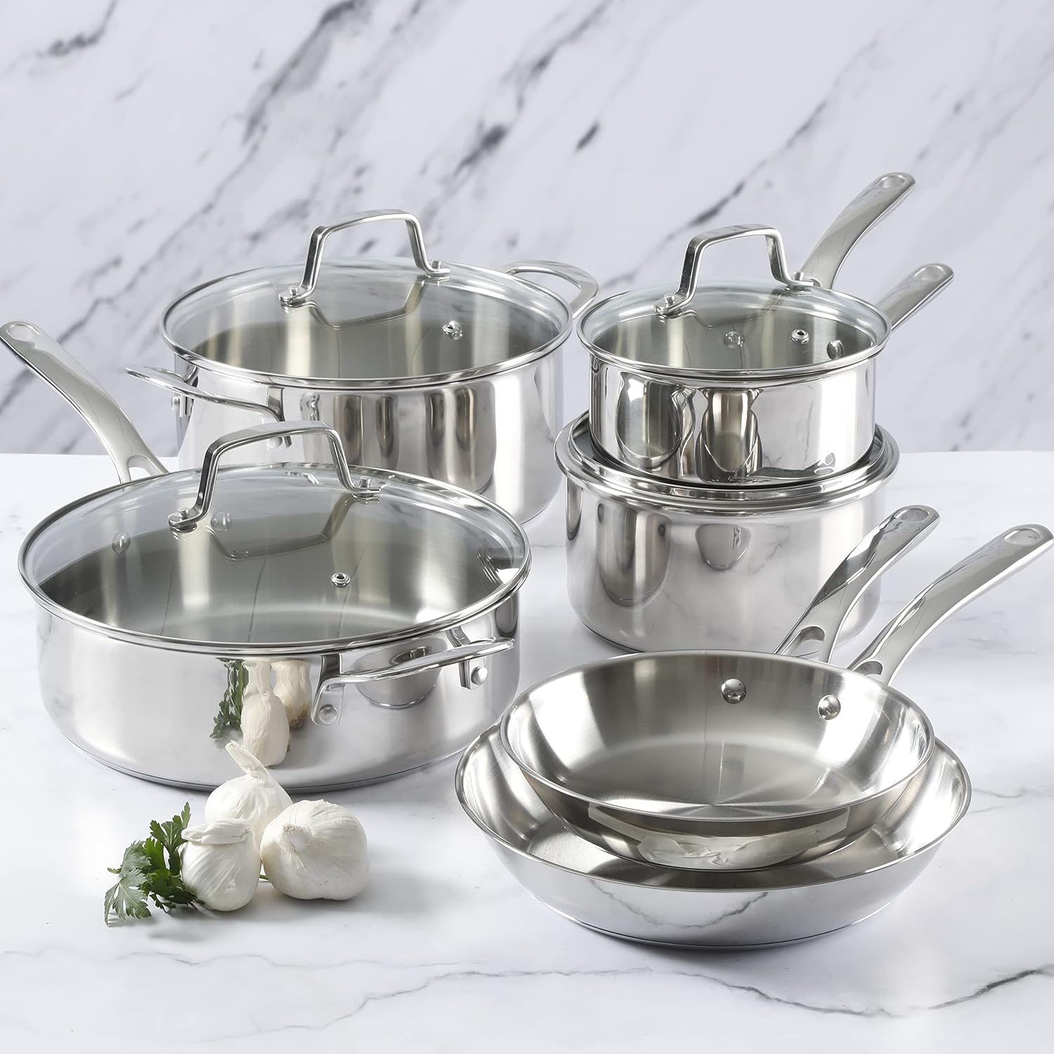 Martha Stewart Castelle 10 Piece 18/8 Durable Stainless Steel Induction Safe Pots and Pans Non-Toxic Kitchen Cookware Set - Gold Handles - Dishwasher Safe
