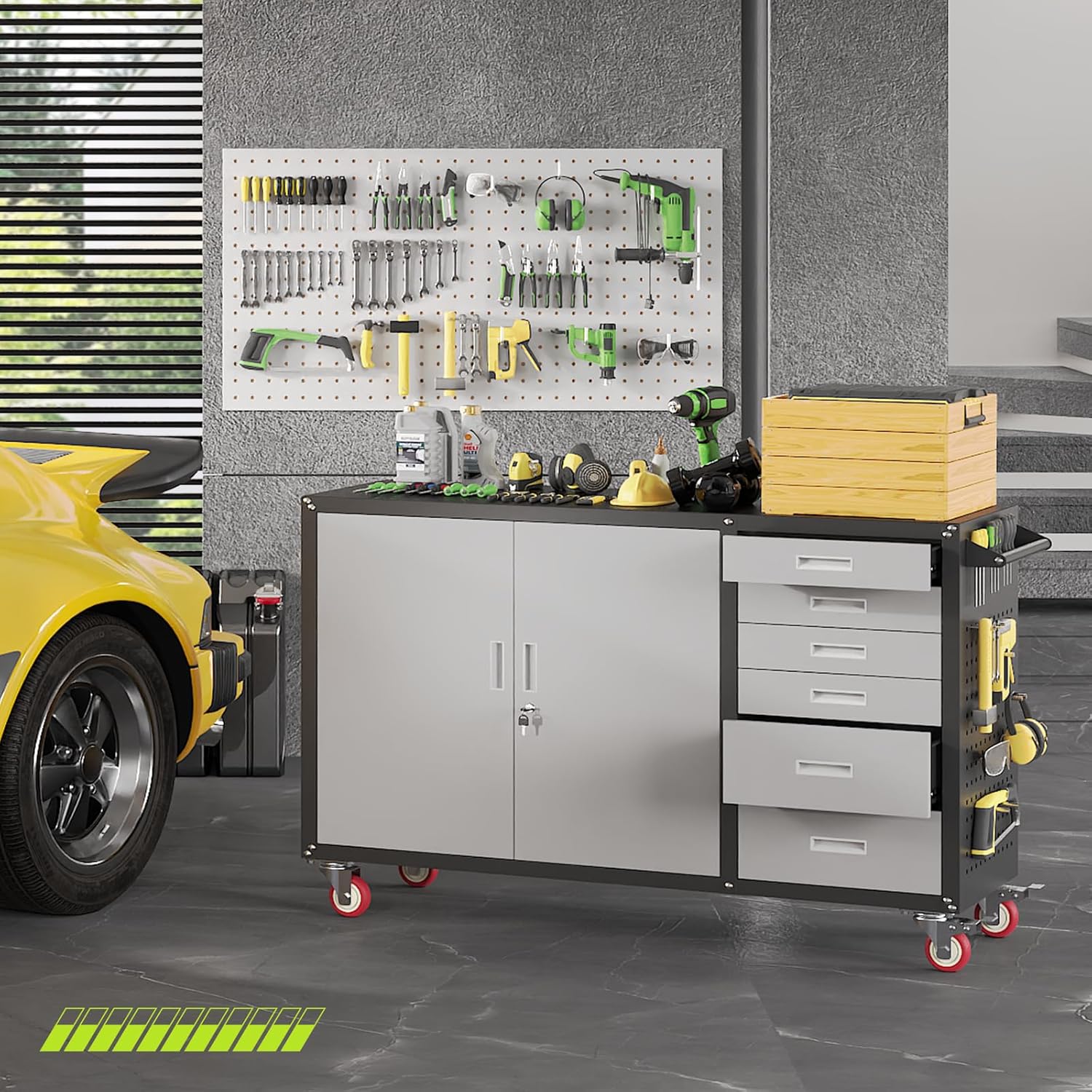 55"W Heavy Duty Rolling Workbench with Drawers and Storage, 1000 LBS Capacity Work Bench with Lockable Cabinet & Adjustable Shelf