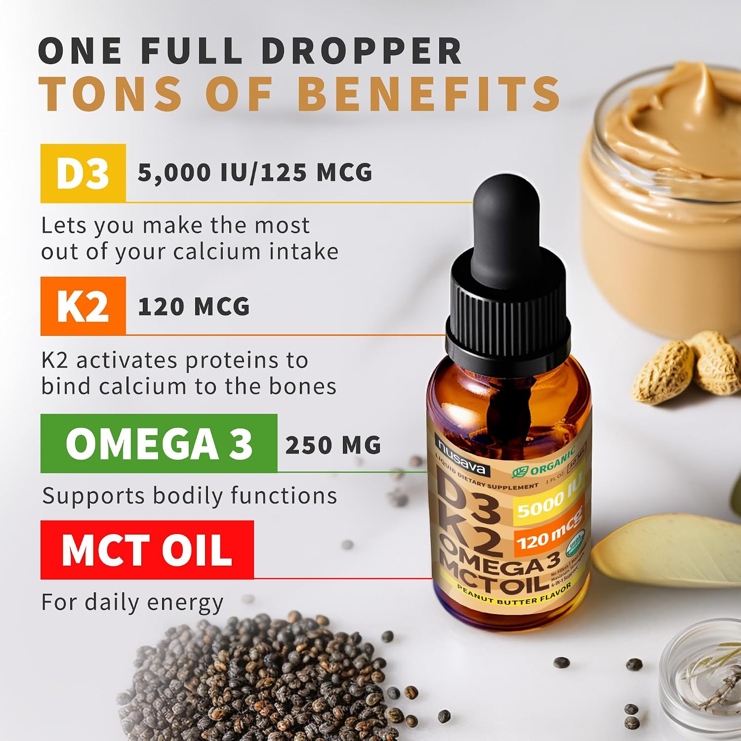 Nusava Organic Vitamin D3 K2 Drops with MCT Oil, Unflavored, Pack of 2