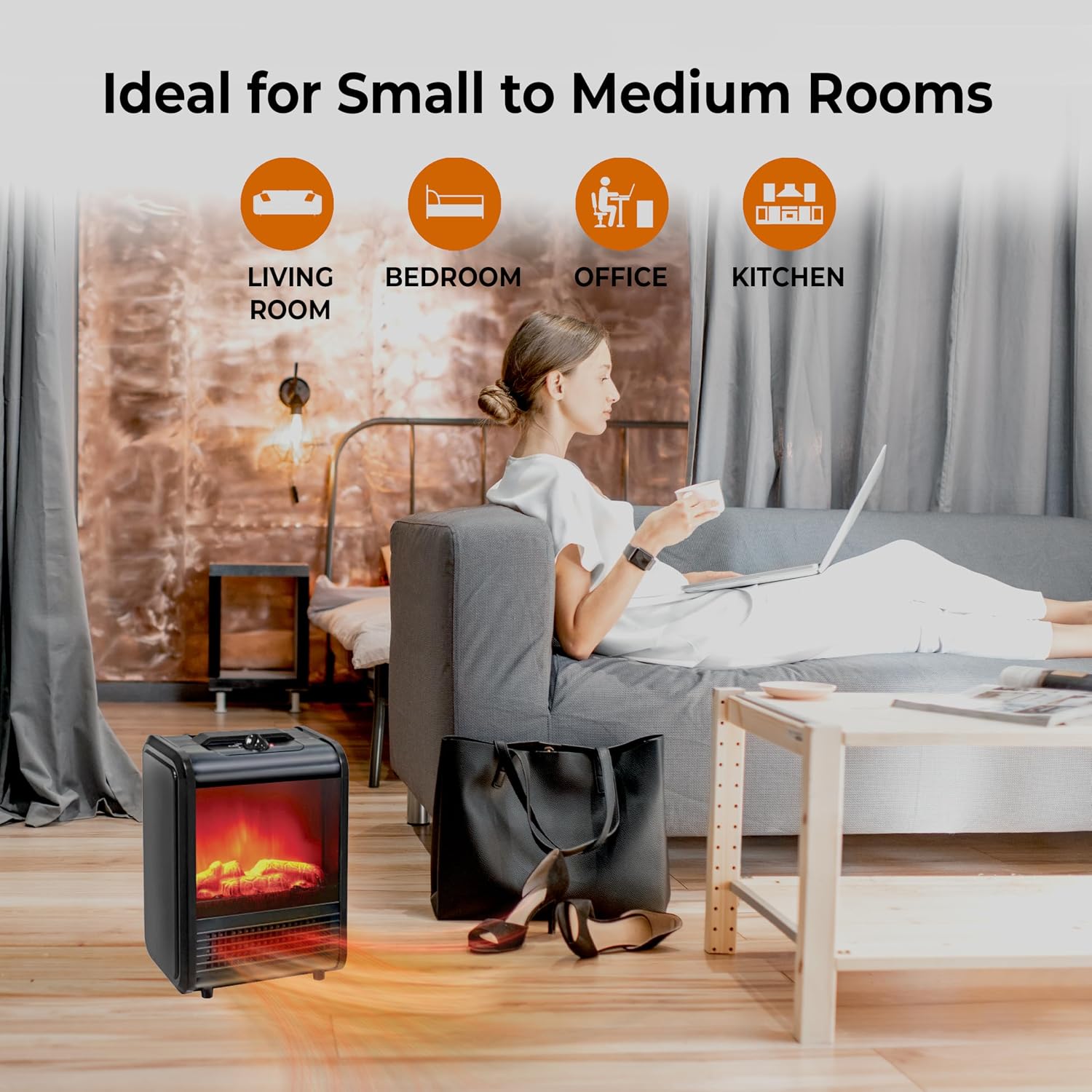 Comfort Zone Electric Mini Fireplace Space Heater with Realistic 3D Flame, Stay-Cool Body, Carry Handle, Overheat Sensor, and Safety Tip-Over Switch, Ideal for Home, Bedroom, & Office, 1,200W, CZFP1