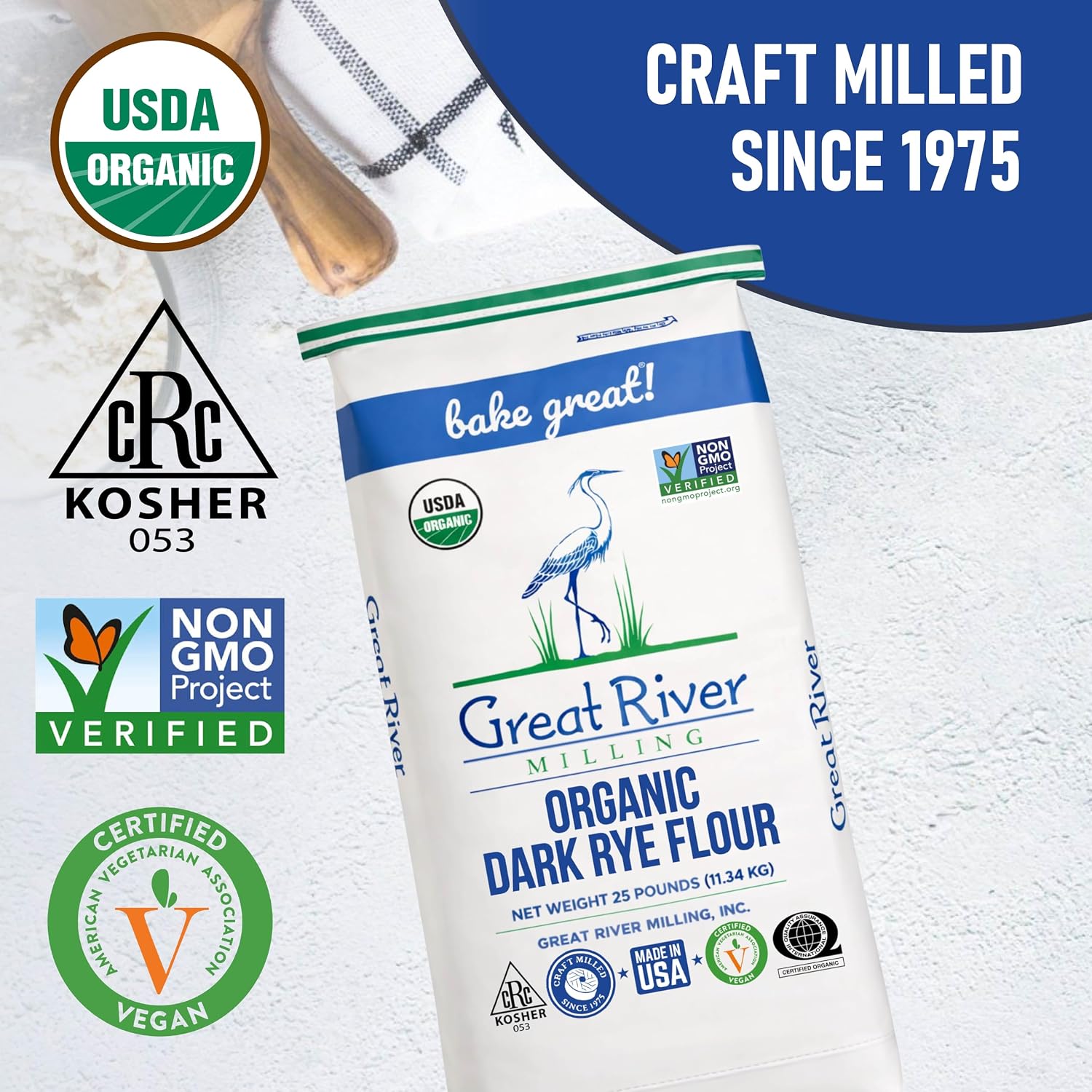 Great River Milling Organic Dark Rye Flour, Whole Grain, 25 lb