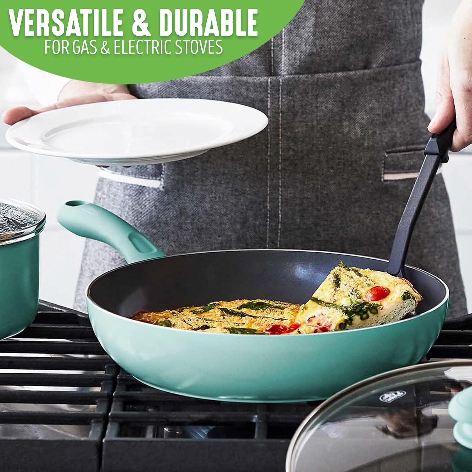 GreenLife Soft Grip Healthy Ceramic Nonstick, 15 Piece Cookware Pots and Pans Set, Induction, PFAS-Free, Dishwasher Safe, Turquoise