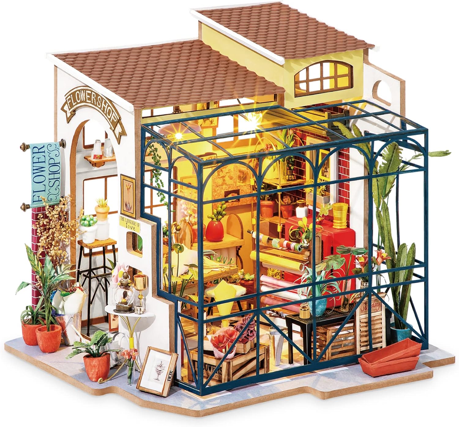 ROBOTIME DIY Miniature House Kit Mini Green House Tiny Dollhouse Wooden Furniture Kit with LED Halloween/Christmas/Birthday Gifts for Adults (Cathy's Greenhouse)