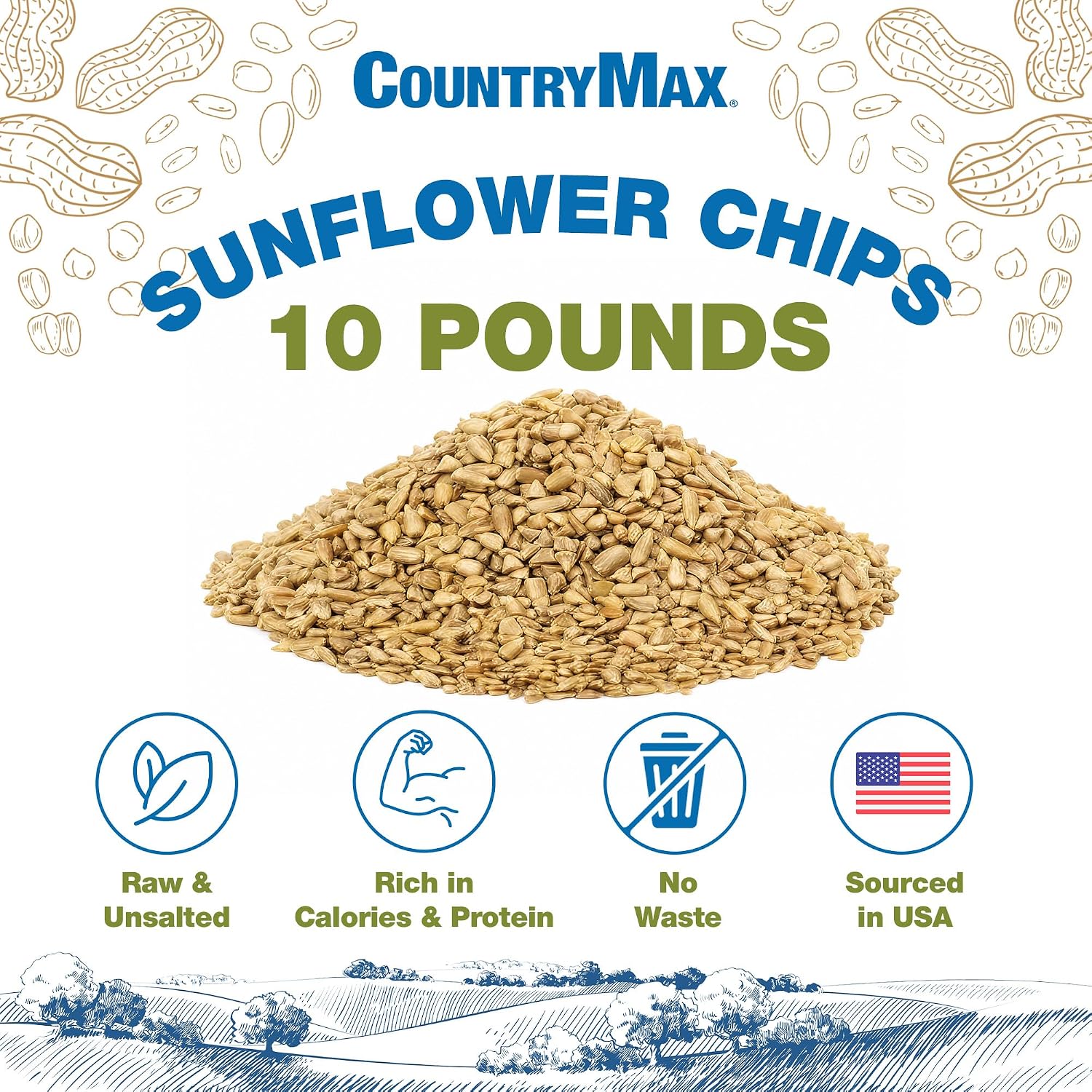 CountryMax Shelled Sunflower Chips 10 lb - No Waste Bird Seed for Outside Feeders, Resealable Bag of Wild Bird Feed | For Smaller Beaks, No Mess, No Waste. High Energy & USA Sourced. For Ground Feeding or Bird Feeders, For Year-Round Feeding