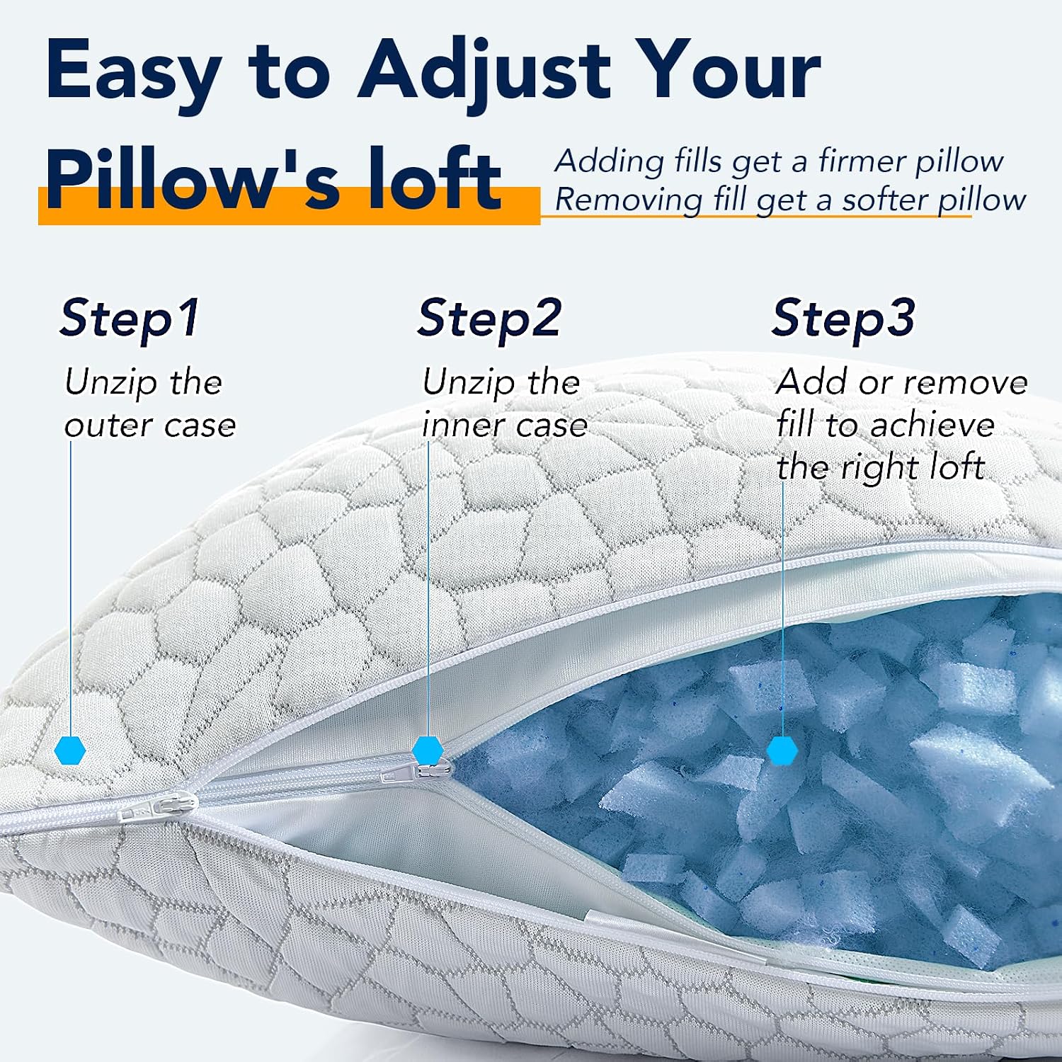QUTOOL Cooling Pillow for Sleeping, CertiPUR-US Shredded Memory Foam Queen Pillows Set of 2, Cool Pillow for Hot Sleepers Adjustable Firm Pillow for Side, Back, Stomach Sleepers Soft Yet Support,White