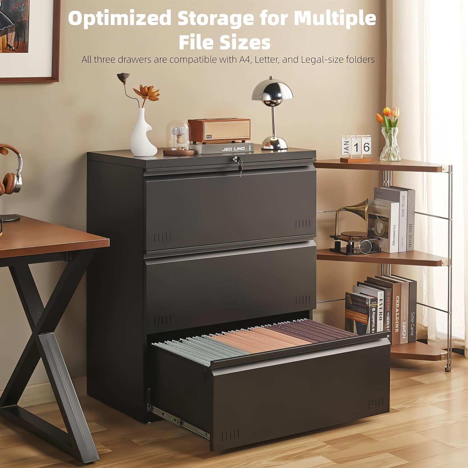 Guizeeopo 3 Drawer File Cabinet with Lock, File Cabinets for Home Office,Under Desk Cabinet, Locking File Cabinet for A4/Letter/Legal, Fully Assembled Expect Casters, Matte White